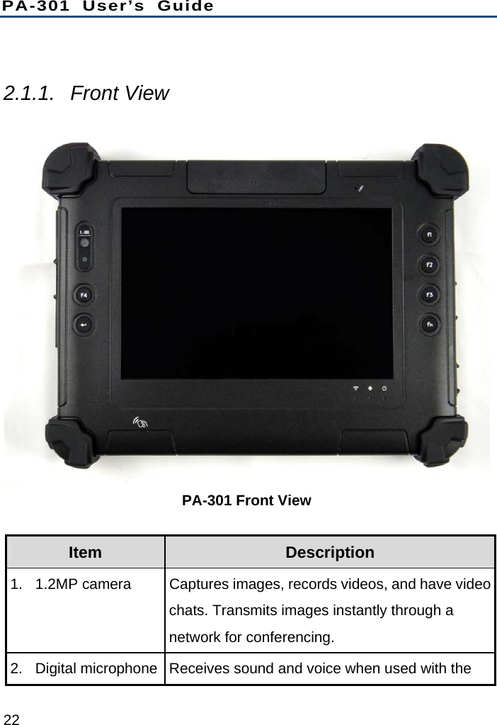 PA-301 User’s Guide 22  2.1.1. Front View  PA-301 Front View Item  Description 1.  1.2MP camera  Captures images, records videos, and have video chats. Transmits images instantly through a network for conferencing. 2.  Digital microphone  Receives sound and voice when used with the 