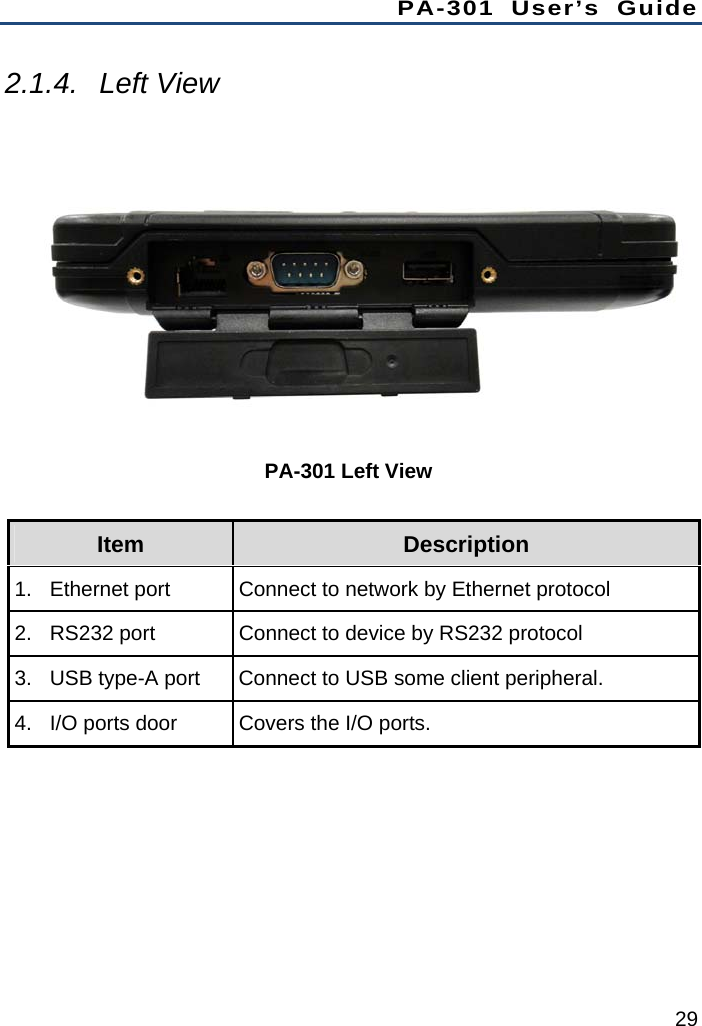 PA-301 User’s Guide 29 2.1.4. Left View  PA-301 Left View Item  Description 1.  Ethernet port  Connect to network by Ethernet protocol 2.  RS232 port  Connect to device by RS232 protocol 3.  USB type-A port  Connect to USB some client peripheral. 4.  I/O ports door  Covers the I/O ports.  