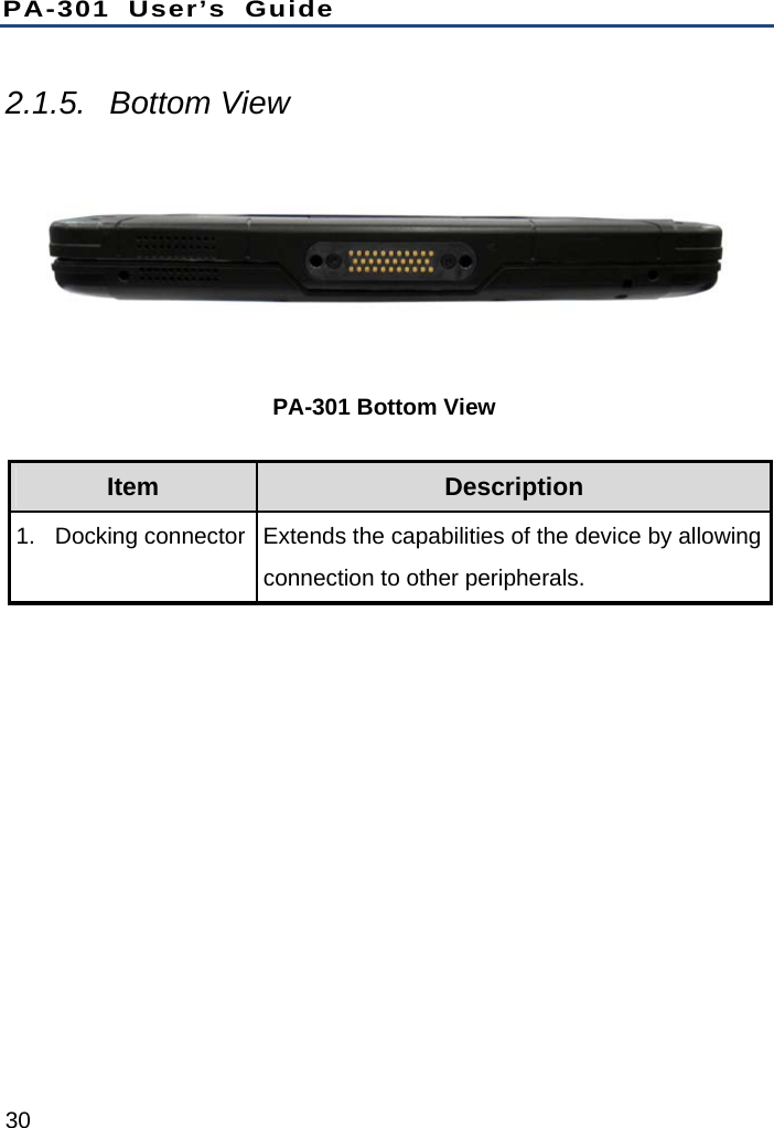 PA-301 User’s Guide 30 2.1.5. Bottom View  PA-301 Bottom View Item  Description 1.  Docking connector  Extends the capabilities of the device by allowing connection to other peripherals. 