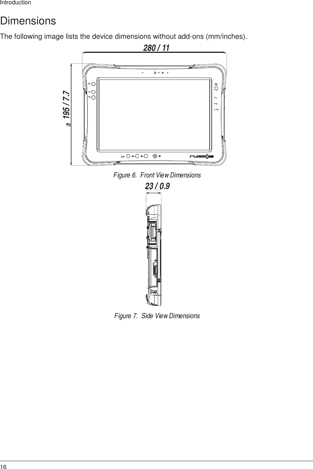 Introduction 16   28 / 11   7 7. /  19 2.3 / 0.9 .5  195 / 7.7  Dimensions  The following image lists the device dimensions without add-ons (mm/inches).    280 / 11         fn  f1 f2  fn           Figure 6.  Front View Dimensions 23 / 0.9                     Figure 7.  Side View Dimensions 