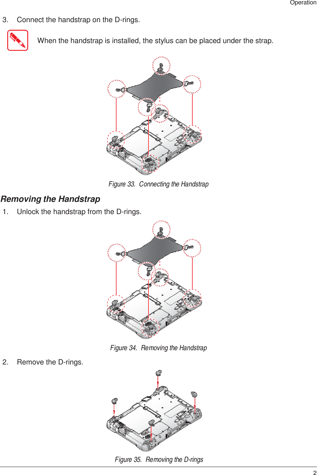29 Operation    3.  Connect the handstrap on the D-rings.   When the handstrap is installed, the stylus can be placed under the strap.                         Removing the Handstrap Figure 33.  Connecting the Handstrap  1.  Unlock the handstrap from the D-rings.                        2.  Remove the D-rings. Figure 34.  Removing the Handstrap                Figure 35.  Removing the D-rings 