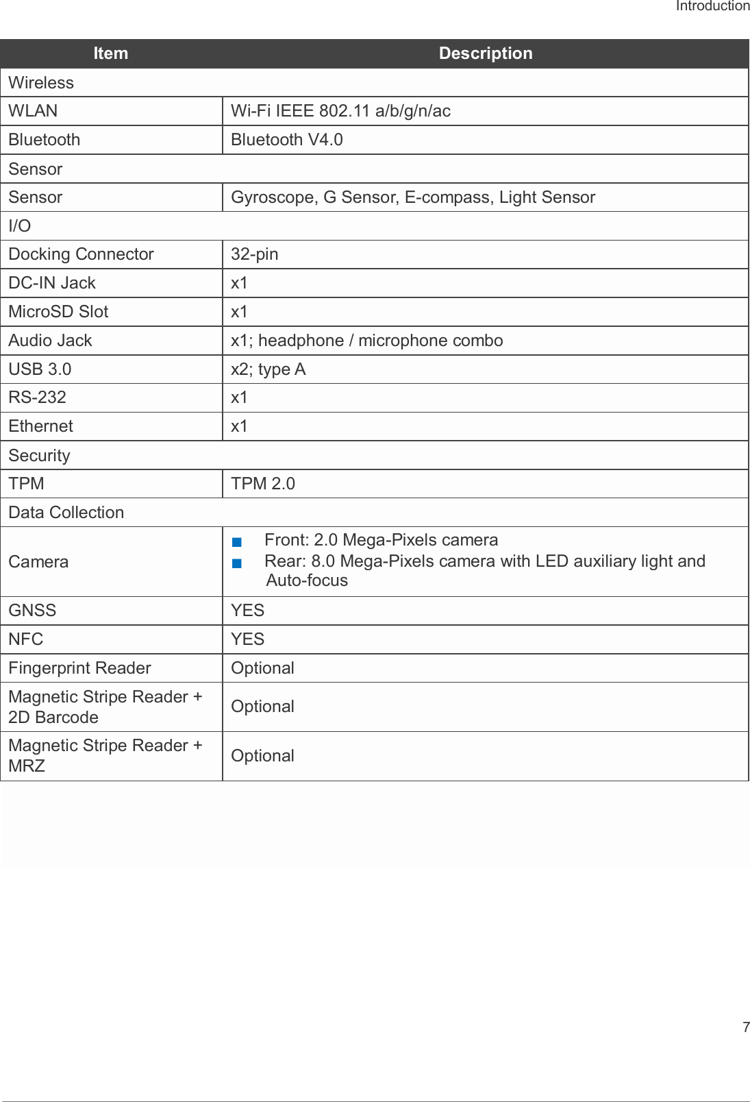 Introduction   Item Description Wireless WLAN Wi-Fi IEEE 802.11 a/b/g/n/ac Bluetooth Bluetooth V4.0 Sensor Sensor Gyroscope, G Sensor, E-compass, Light Sensor I/O Docking Connector 32-pin DC-IN Jack x1 MicroSD Slot x1 Audio Jack x1; headphone / microphone combo USB 3.0 x2; type A RS-232 x1 Ethernet x1 Security TPM TPM 2.0 Data Collection   Camera ■   Front: 2.0 Mega-Pixels camera ■   Rear: 8.0 Mega-Pixels camera with LED auxiliary light and Auto-focus GNSS YES NFC YES Fingerprint Reader Optional Magnetic Stripe Reader + 2D Barcode  Optional Magnetic Stripe Reader + MRZ  Optional                 7