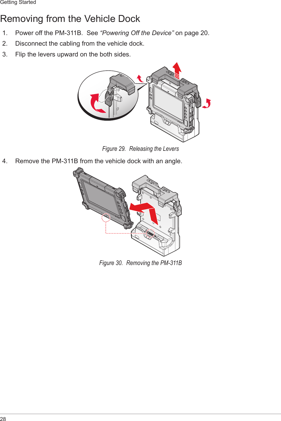 28Getting StartedRemoving from the Vehicle Dock1.  Power off the PM-311B.  See “Powering Off the Device” on page 20.2.  Disconnect the cabling from the vehicle dock.3.  Flip the levers upward on the both sides.Figure 29.  Releasing the Levers4.  Remove the PM-311B from the vehicle dock with an angle.Figure 30.  Removing the PM-311B