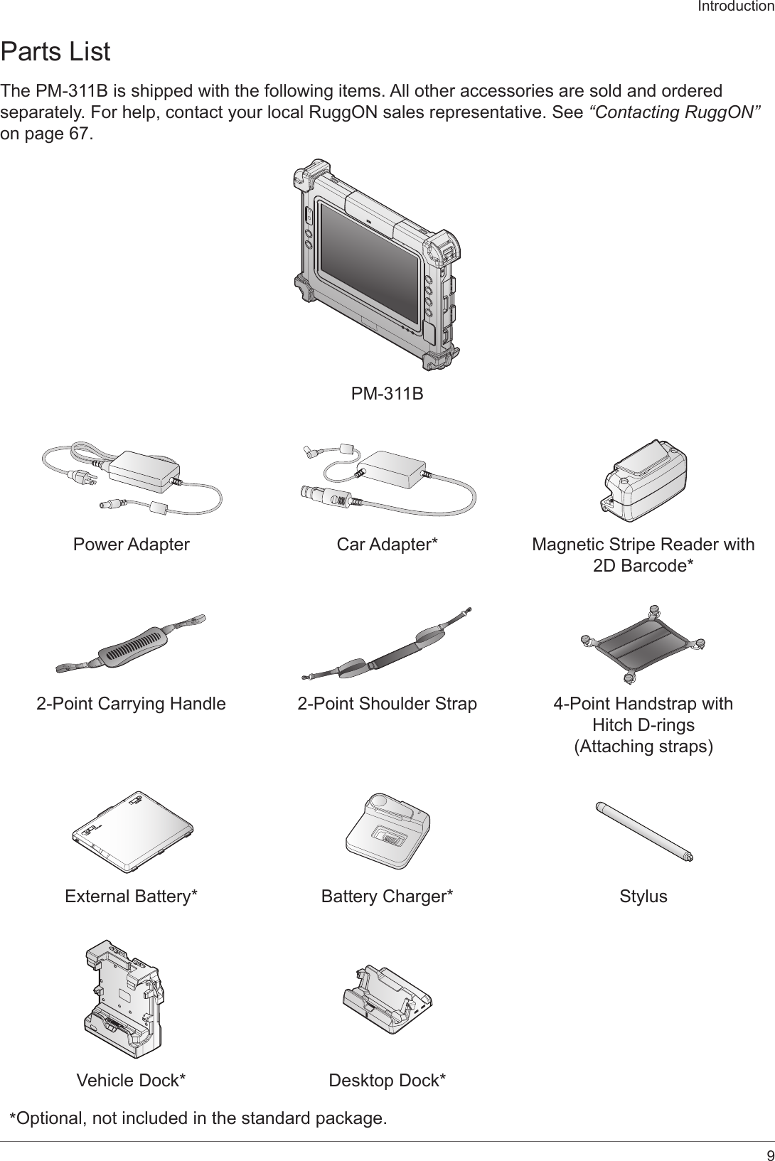 9IntroductionParts ListThe PM-311B is shipped with the following items. All other accessories are sold and ordered separately. For help, contact your local RuggON sales representative. See “Contacting RuggON” on page 67.PM-311BPower Adapter Car Adapter* Magnetic Stripe Reader with 2D Barcode*2-Point Carrying Handle 2-Point Shoulder Strap 4-Point Handstrap with  Hitch D-rings(Attaching straps)External Battery* Battery Charger* StylusVehicle Dock* Desktop Dock**Optional, not included in the standard package.