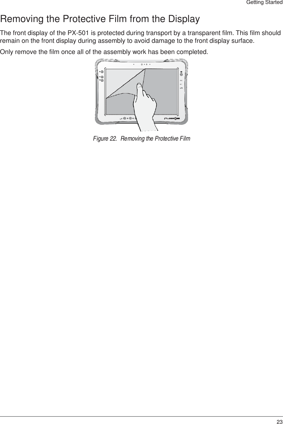 23 Getting Started    Removing the Protective Film from the Display  The front display of the PX-501 is protected during transport by a transparent film. This film should remain on the front display during assembly to avoid damage to the front display surface.  Only remove the film once all of the assembly work has been completed.    fn f1 f2  fn         Figure 22.  Removing the Protective Film 