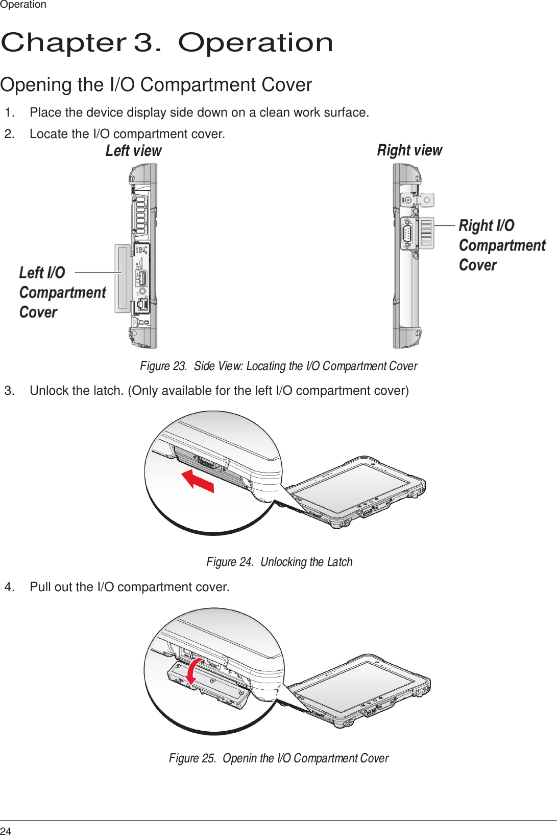 24 Operation        Chapter 3.  Operation   Opening the I/O Compartment Cover  1.  Place the device display side down on a clean work surface.  2.  Locate the I/O compartment cover. Left view           Right view                  Figure 23.  Side View: Locating the I/O Compartment Cover  3.  Unlock the latch. (Only available for the left I/O compartment cover)                Figure 24.  Unlocking the Latch  4.  Pull out the I/O compartment cover.                Figure 25.  Openin the I/O Compartment Cover 