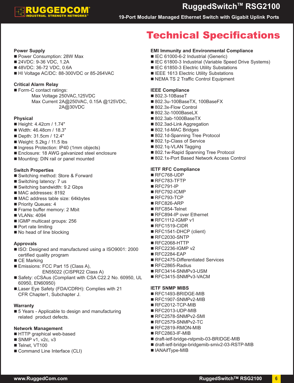 Page 6 of 10 - Ruggedcom Ruggedcom-Rsg2100-Users-Manual- RSG2100 Datasheet_Rev2U  Ruggedcom-rsg2100-users-manual