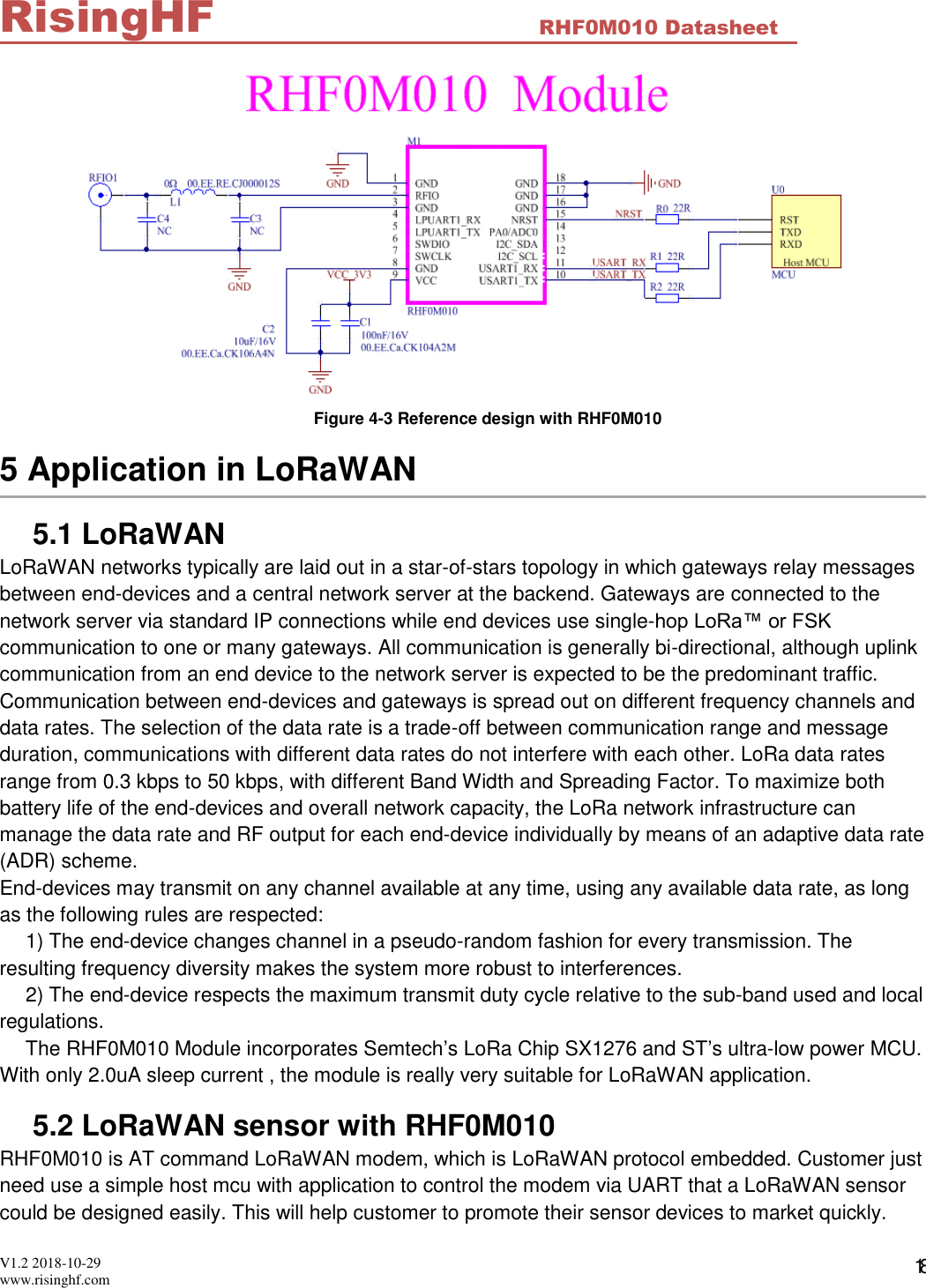  V1.2 2018-10-29 www.risinghf.com RHF0M010 Datasheet RisingHF 18             Figure 4-3 Reference design with RHF0M010 5 Application in LoRaWAN 5.1 LoRaWAN LoRaWAN networks typically are laid out in a star-of-stars topology in which gateways relay messages between end-devices and a central network server at the backend. Gateways are connected to the network server via standard IP connections while end devices use single-hop LoRa&trade; or FSK communication to one or many gateways. All communication is generally bi-directional, although uplink communication from an end device to the network server is expected to be the predominant traffic. Communication between end-devices and gateways is spread out on different frequency channels and data rates. The selection of the data rate is a trade-off between communication range and message duration, communications with different data rates do not interfere with each other. LoRa data rates range from 0.3 kbps to 50 kbps, with different Band Width and Spreading Factor. To maximize both battery life of the end-devices and overall network capacity, the LoRa network infrastructure can manage the data rate and RF output for each end-device individually by means of an adaptive data rate (ADR) scheme. End-devices may transmit on any channel available at any time, using any available data rate, as long as the following rules are respected:  1) The end-device changes channel in a pseudo-random fashion for every transmission. The resulting frequency diversity makes the system more robust to interferences.   2) The end-device respects the maximum transmit duty cycle relative to the sub-band used and local regulations.  The RHF0M010 Module incorporates Semtech&rsquo;s LoRa Chip SX1276 and ST&rsquo;s ultra-low power MCU. With only 2.0uA sleep current , the module is really very suitable for LoRaWAN application. 5.2 LoRaWAN sensor with RHF0M010 RHF0M010 is AT command LoRaWAN modem, which is LoRaWAN protocol embedded. Customer just need use a simple host mcu with application to control the modem via UART that a LoRaWAN sensor could be designed easily. This will help customer to promote their sensor devices to market quickly. 
