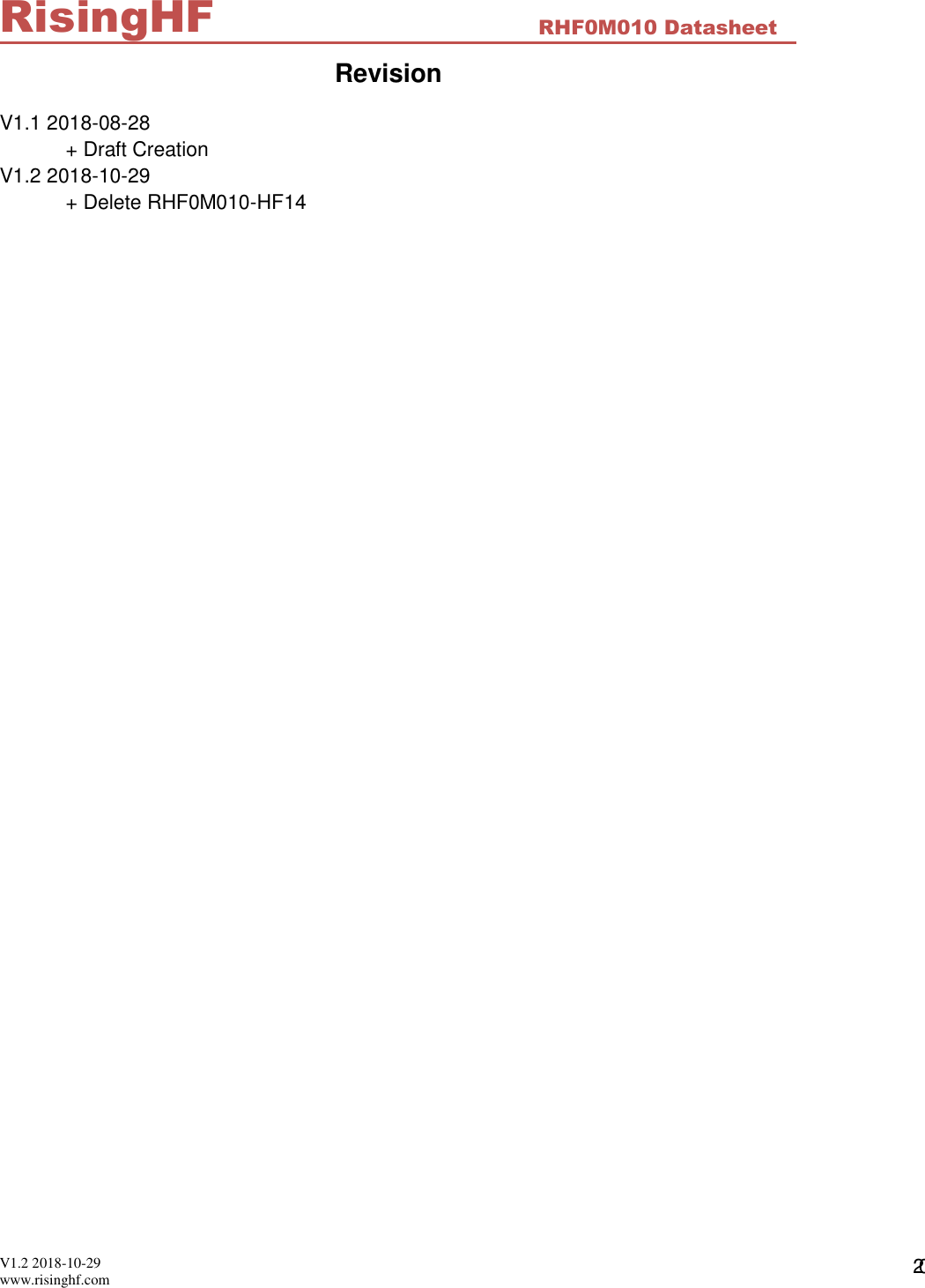  V1.2 2018-10-29 www.risinghf.com RHF0M010 Datasheet RisingHF 20 Revision V1.1 2018-08-28   + Draft Creation V1.2 2018-10-29   + Delete RHF0M010-HF14   