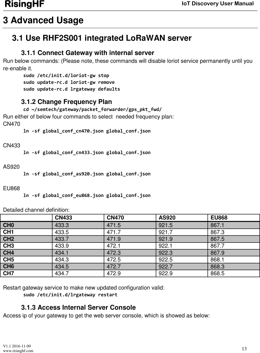  V1.1 2016-11-09 www.risinghf.com IoT Discovery User Manual RisingHF 13 3 Advanced Usage 3.1 Use RHF2S001 integrated LoRaWAN server 3.1.1 Connect Gateway with internal server Run below commands: (Please note, these commands will disable loriot service permanently until you re-enable it. sudo /etc/init.d/loriot-gw stop sudo update-rc.d loriot-gw remove sudo update-rc.d lrgateway defaults 3.1.2 Change Frequency Plan cd ~/semtech/gateway/packet_forwarder/gps_pkt_fwd/ Run either of below four commands to select  needed frequency plan:  CN470 ln -sf global_conf_cn470.json global_conf.json  CN433 ln -sf global_conf_cn433.json global_conf.json  AS920 ln -sf global_conf_as920.json global_conf.json  EU868 ln -sf global_conf_eu868.json global_conf.json  Detailed channel definition:  CN433 CN470 AS920 EU868 CH0 433.3 471.5 921.5 867.1 CH1 433.5 471.7 921.7 867.3 CH2 433.7 471.9 921.9 867.5 CH3 433.9 472.1 922.1 867.7 CH4 434.1 472.3 922.3 867.9 CH5 434.3 472.5 922.5 868.1 CH6 434.5 472.7 922.7 868.3 CH7 434.7 472.9 922.9 868.5  Restart gateway service to make new updated configuration valid:  sudo /etc/init.d/lrgateway restart 3.1.3 Access Internal Server Console Access ip of your gateway to get the web server console, which is showed as below: 