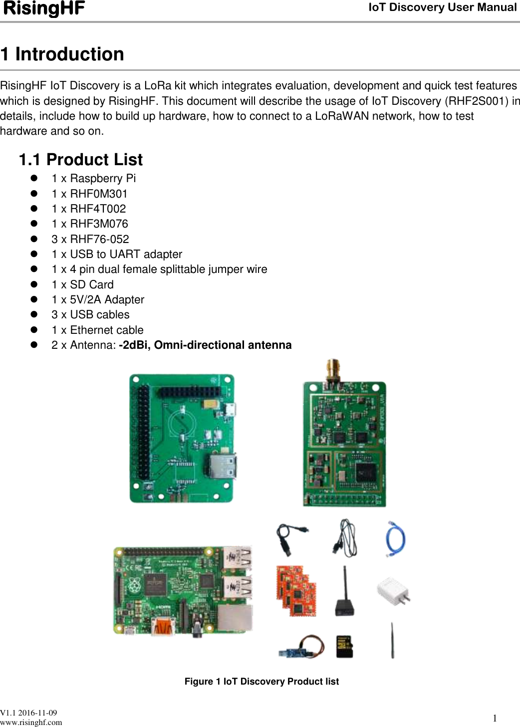  V1.1 2016-11-09 www.risinghf.com IoT Discovery User Manual RisingHF 1 1 Introduction RisingHF IoT Discovery is a LoRa kit which integrates evaluation, development and quick test features which is designed by RisingHF. This document will describe the usage of IoT Discovery (RHF2S001) in details, include how to build up hardware, how to connect to a LoRaWAN network, how to test hardware and so on. 1.1 Product List   1 x Raspberry Pi   1 x RHF0M301   1 x RHF4T002   1 x RHF3M076   3 x RHF76-052   1 x USB to UART adapter   1 x 4 pin dual female splittable jumper wire   1 x SD Card   1 x 5V/2A Adapter  3 x USB cables   1 x Ethernet cable  2 x Antenna: -2dBi, Omni-directional antenna  Figure 1 IoT Discovery Product list 