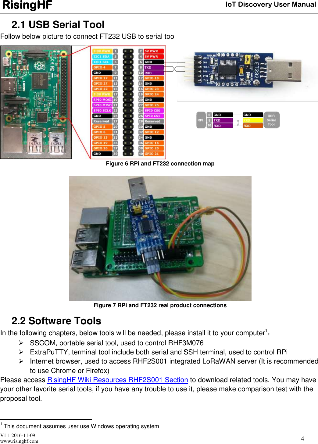  V1.1 2016-11-09 www.risinghf.com IoT Discovery User Manual RisingHF 4 2.1 USB Serial Tool Follow below picture to connect FT232 USB to serial tool  Figure 6 RPi and FT232 connection map   Figure 7 RPi and FT232 real product connections 2.2 Software Tools In the following chapters, below tools will be needed, please install it to your computer1：   SSCOM, portable serial tool, used to control RHF3M076   ExtraPuTTY, terminal tool include both serial and SSH terminal, used to control RPi    Internet browser, used to access RHF2S001 integrated LoRaWAN server (It is recommended  to use Chrome or Firefox) Please access RisingHF Wiki Resources RHF2S001 Section to download related tools. You may have your other favorite serial tools, if you have any trouble to use it, please make comparison test with the proposal tool.                                                 1 This document assumes user use Windows operating system 