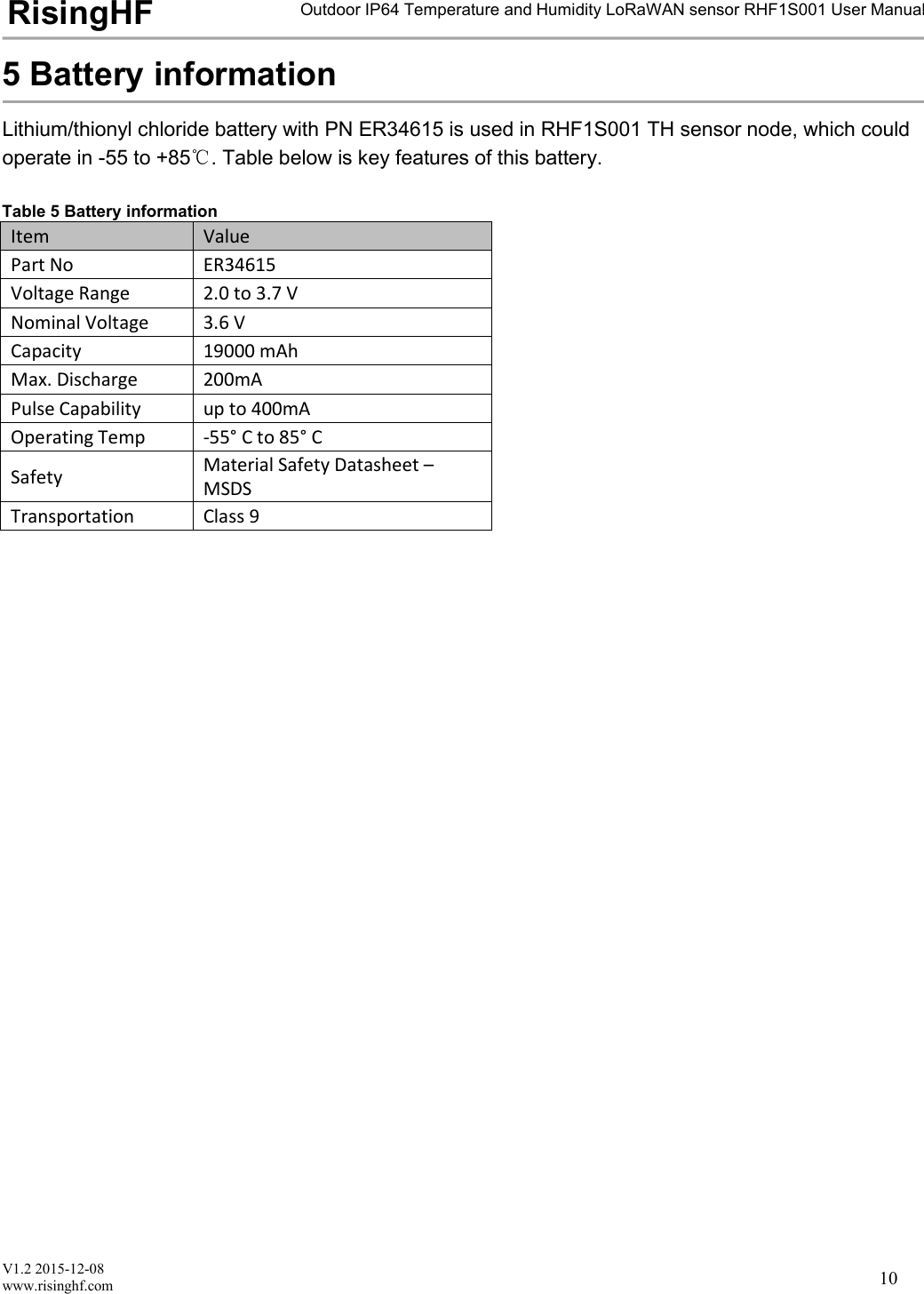 V1.2 2015-12-08www.risinghf.comOutdoor IP64 Temperature and Humidity LoRaWAN sensor RHF1S001 User ManualRisingHF105 Battery informationLithium/thionyl chloride battery with PN ER34615 is used in RHF1S001 TH sensor node, which couldoperate in -55 to +85℃. Table below is key features of this battery.Table 5 Battery informationItemValuePart NoER34615Voltage Range2.0 to 3.7 VNominal Voltage3.6 VCapacity19000 mAhMax. Discharge200mAPulse Capabilityup to 400mAOperating Temp-55&deg; C to 85&deg; CSafetyMaterial Safety Datasheet &ndash;MSDSTransportationClass 9