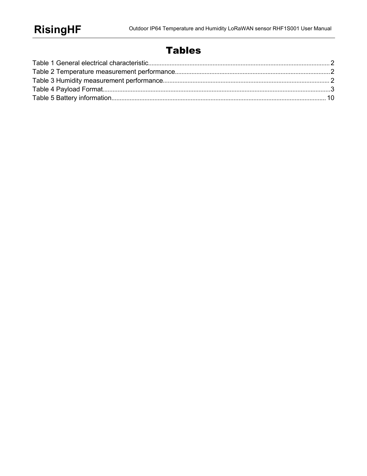 Outdoor IP64 Temperature and Humidity LoRaWAN sensor RHF1S001 User ManualRisingHFTablesTable 1 General electrical characteristic.............................................................................................................. 2Table 2 Temperature measurement performance..............................................................................................2Table 3 Humidity measurement performance..................................................................................................... 2Table 4 Payload Format..........................................................................................................................................3Table 5 Battery information.................................................................................................................................. 10