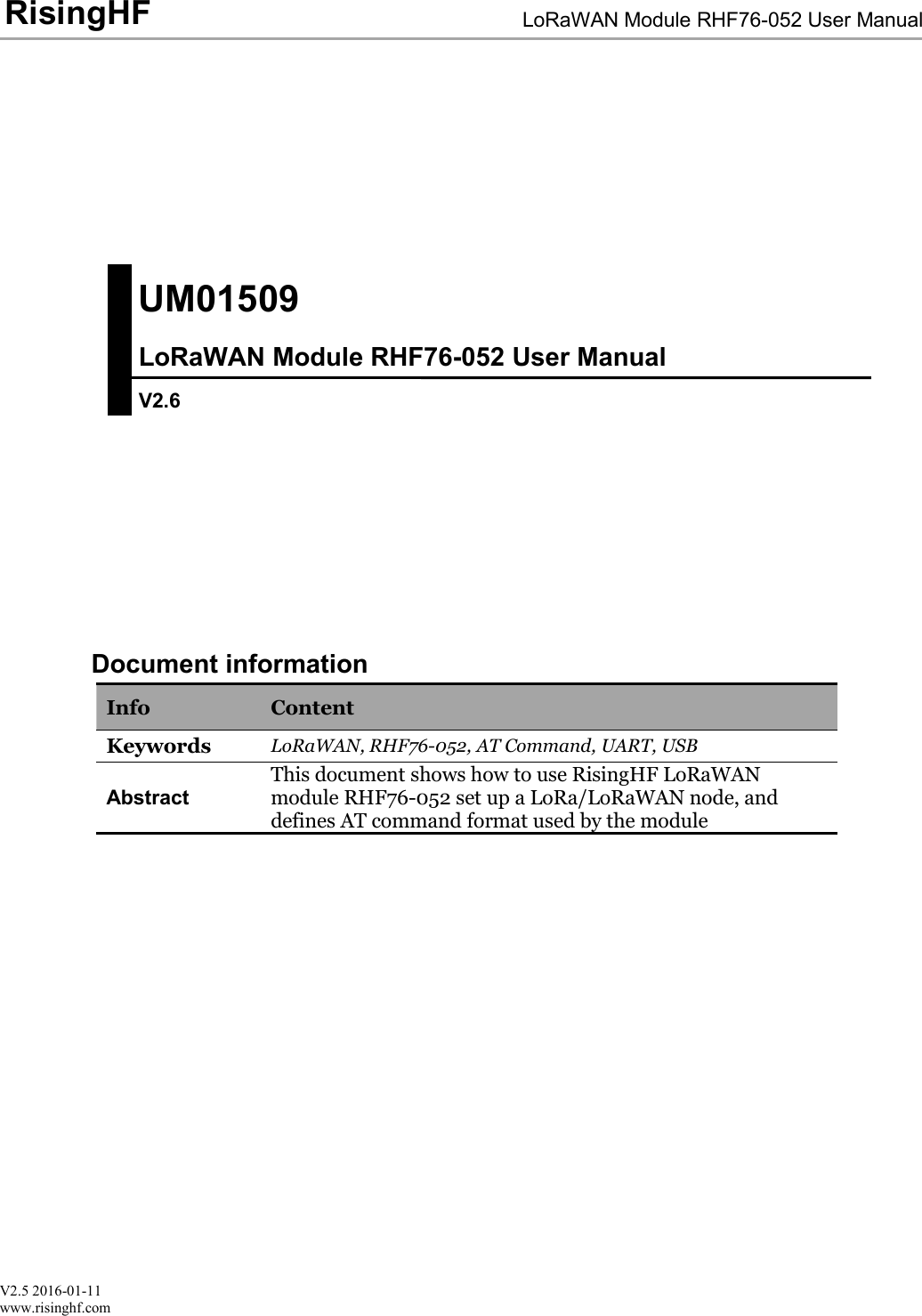 V2.5 2016-01-11www.risinghf.comLoRaWAN Module RHF76-052 User ManualRisingHFDocument informationInfoContentKeywordsLoRaWAN, RHF76-052, AT Command, UART, USBAbstractThis document shows how to use RisingHF LoRaWANmodule RHF76-052 set up a LoRa/LoRaWAN node, anddefines AT command format used by the moduleUM01509LoRaWAN Module RHF76-052 User ManualV2.6