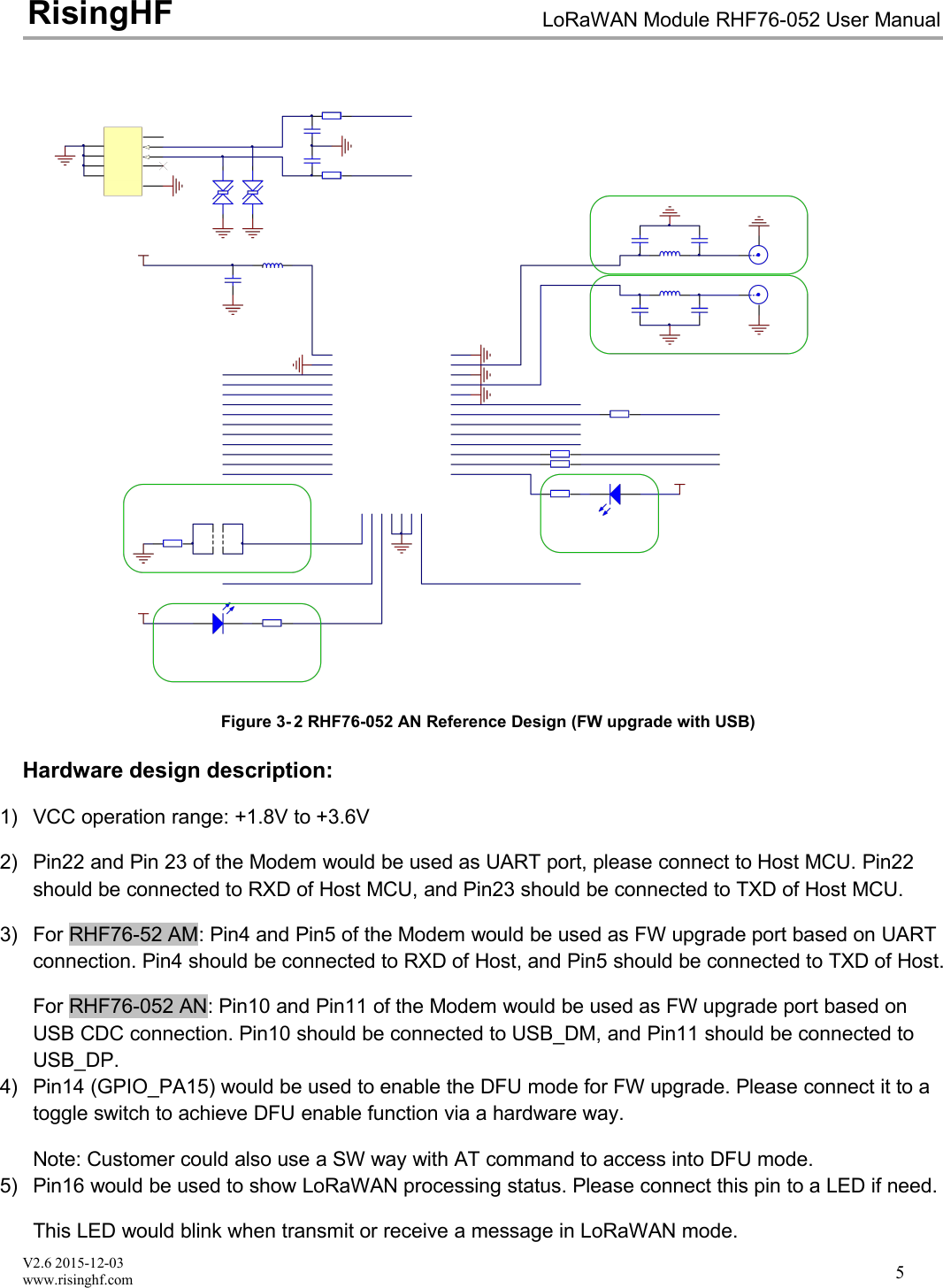 V2.6 2015-12-03www.risinghf.comLoRaWAN Module RHF76-052 User ManualRisingHF5Figure 3- 2 RHF76-052 AN Reference Design (FW upgrade with USB)Hardware design description:1) VCC operation range: +1.8V to +3.6V2) Pin22 and Pin 23 of the Modem would be used as UART port, please connect to Host MCU. Pin22should be connected to RXD of Host MCU, and Pin23 should be connected to TXD of Host MCU.3) For RHF76-52 AM: Pin4 and Pin5 of the Modem would be used as FW upgrade port based on UARTconnection. Pin4 should be connected to RXD of Host, and Pin5 should be connected to TXD of Host.For RHF76-052 AN: Pin10 and Pin11 of the Modem would be used as FW upgrade port based onUSB CDC connection. Pin10 should be connected to USB_DM, and Pin11 should be connected toUSB_DP.4) Pin14 (GPIO_PA15) would be used to enable the DFU mode for FW upgrade. Please connect it to atoggle switch to achieve DFU enable function via a hardware way.Note: Customer could also use a SW way with AT command to access into DFU mode.5) Pin16 would be used to show LoRaWAN processing status. Please connect this pin to a LED if need.This LED would blink when transmit or receive a message in LoRaWAN mode.