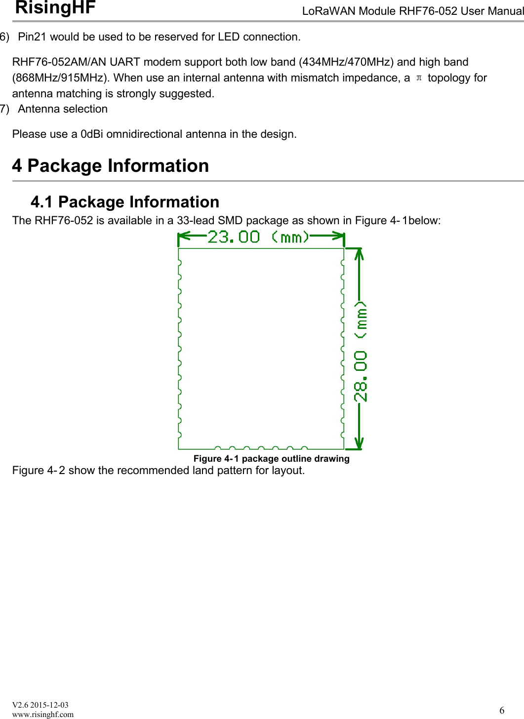 V2.6 2015-12-03www.risinghf.comLoRaWAN Module RHF76-052 User ManualRisingHF66) Pin21 would be used to be reserved for LED connection.RHF76-052AM/AN UART modem support both low band (434MHz/470MHz) and high band(868MHz/915MHz). When use an internal antenna with mismatch impedance, a &pi;topology forantenna matching is strongly suggested.7) Antenna selectionPlease use a 0dBi omnidirectional antenna in the design.4 Package Information4.1 Package InformationThe RHF76-052 is available in a 33-lead SMD package as shown in Figure 4- 1below:Figure 4- 1 package outline drawingFigure 4- 2 show the recommended land pattern for layout.