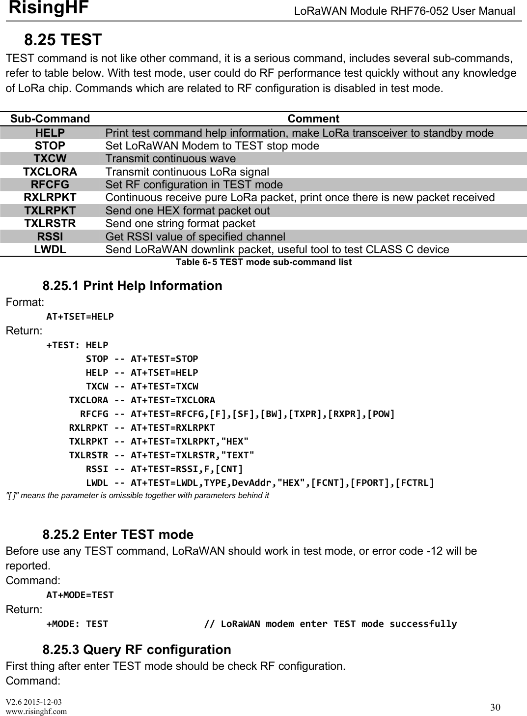 V2.6 2015-12-03www.risinghf.comLoRaWAN Module RHF76-052 User ManualRisingHF308.25 TESTTEST command is not like other command, it is a serious command, includes several sub-commands,refer to table below. With test mode, user could do RF performance test quickly without any knowledgeof LoRa chip. Commands which are related to RF configuration is disabled in test mode.Sub-CommandCommentHELPPrint test command help information, make LoRa transceiver to standby modeSTOPSet LoRaWAN Modem to TEST stop modeTXCWTransmit continuous waveTXCLORATransmit continuous LoRa signalRFCFGSet RF configuration in TEST modeRXLRPKTContinuous receive pure LoRa packet, print once there is new packet receivedTXLRPKTSend one HEX format packet outTXLRSTRSend one string format packetRSSIGet RSSI value of specified channelLWDLSend LoRaWAN downlink packet, useful tool to test CLASS C deviceTable 6- 5 TEST mode sub-command list8.25.1 Print Help InformationFormat:AT+TSET=HELPReturn:+TEST: HELPSTOP -- AT+TEST=STOPHELP -- AT+TSET=HELPTXCW -- AT+TEST=TXCWTXCLORA -- AT+TEST=TXCLORARFCFG -- AT+TEST=RFCFG,[F],[SF],[BW],[TXPR],[RXPR],[POW]RXLRPKT -- AT+TEST=RXLRPKTTXLRPKT -- AT+TEST=TXLRPKT,"HEX"TXLRSTR -- AT+TEST=TXLRSTR,"TEXT"RSSI -- AT+TEST=RSSI,F,[CNT]LWDL -- AT+TEST=LWDL,TYPE,DevAddr,"HEX",[FCNT],[FPORT],[FCTRL]"[ ]" means the parameter is omissible together with parameters behind it8.25.2 Enter TEST modeBefore use any TEST command, LoRaWAN should work in test mode, or error code -12 will bereported.Command:AT+MODE=TESTReturn:+MODE: TEST // LoRaWAN modem enter TEST mode successfully8.25.3 Query RF configurationFirst thing after enter TEST mode should be check RF configuration.Command:
