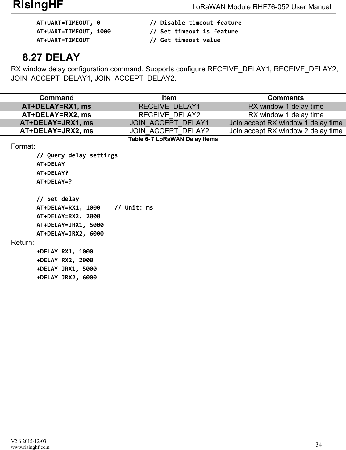 V2.6 2015-12-03www.risinghf.comLoRaWAN Module RHF76-052 User ManualRisingHF34AT+UART=TIMEOUT, 0 // Disable timeout featureAT+UART=TIMEOUT, 1000 // Set timeout 1s featureAT+UART=TIMEOUT // Get timeout value8.27 DELAYRX window delay configuration command. Supports configure RECEIVE_DELAY1, RECEIVE_DELAY2,JOIN_ACCEPT_DELAY1, JOIN_ACCEPT_DELAY2.CommandItemCommentsAT+DELAY=RX1, msRECEIVE_DELAY1RX window 1 delay timeAT+DELAY=RX2, msRECEIVE_DELAY2RX window 1 delay timeAT+DELAY=JRX1, msJOIN_ACCEPT_DELAY1Join accept RX window 1 delay timeAT+DELAY=JRX2, msJOIN_ACCEPT_DELAY2Join accept RX window 2 delay timeTable 6- 7 LoRaWAN Delay ItemsFormat:// Query delay settingsAT+DELAYAT+DELAY?AT+DELAY=?// Set delayAT+DELAY=RX1, 1000 // Unit: msAT+DELAY=RX2, 2000AT+DELAY=JRX1, 5000AT+DELAY=JRX2, 6000Return:+DELAY RX1, 1000+DELAY RX2, 2000+DELAY JRX1, 5000+DELAY JRX2, 6000