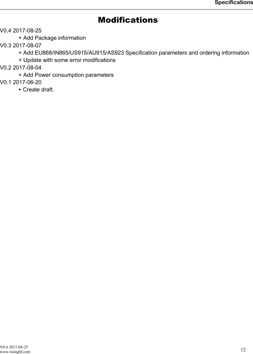 V0.4 2017-08-25www.risinghf.comSpecifications12ModificationsV0.4 2017-08-25+ Add Package informationV0.3 2017-08-07+ Add EU868/IN865/US915/AU915/AS923 Specification parameters and ordering information+ Update with some error modificationsV0.2 2017-08-04+ Add Power consumption parametersV0.1 2017-06-20+ Create draft.