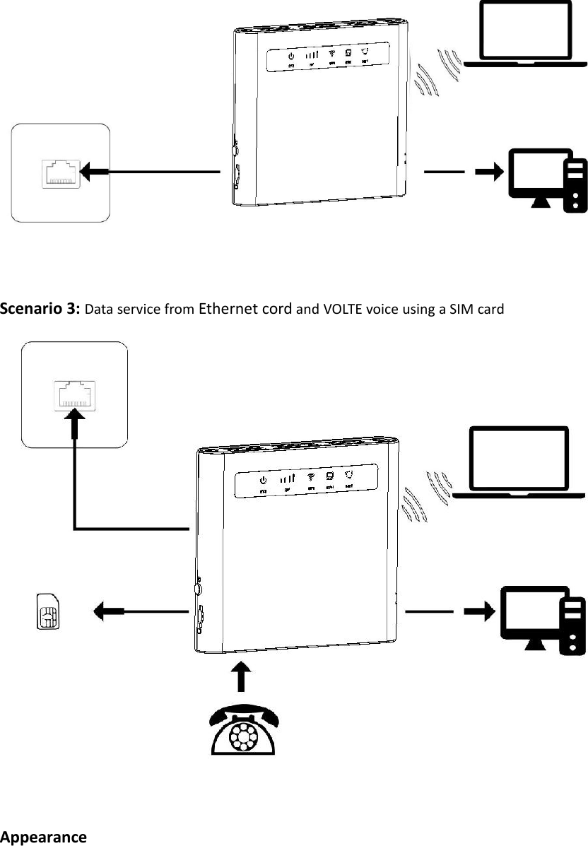 Scenario 3: Data service from Ethernet cord and VOLTE voice using a SIM cardAppearance