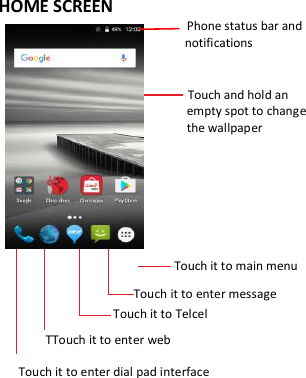 HOME SCREEN                       Phone status bar and notifications                      Touch and hold an empty spot to change the wallpaper                                                                                       Touch it to main menu                                         Touch it to enter message                                   Touch it to Telcel               TTouch it to enter web       Touch it to enter dial pad interface       