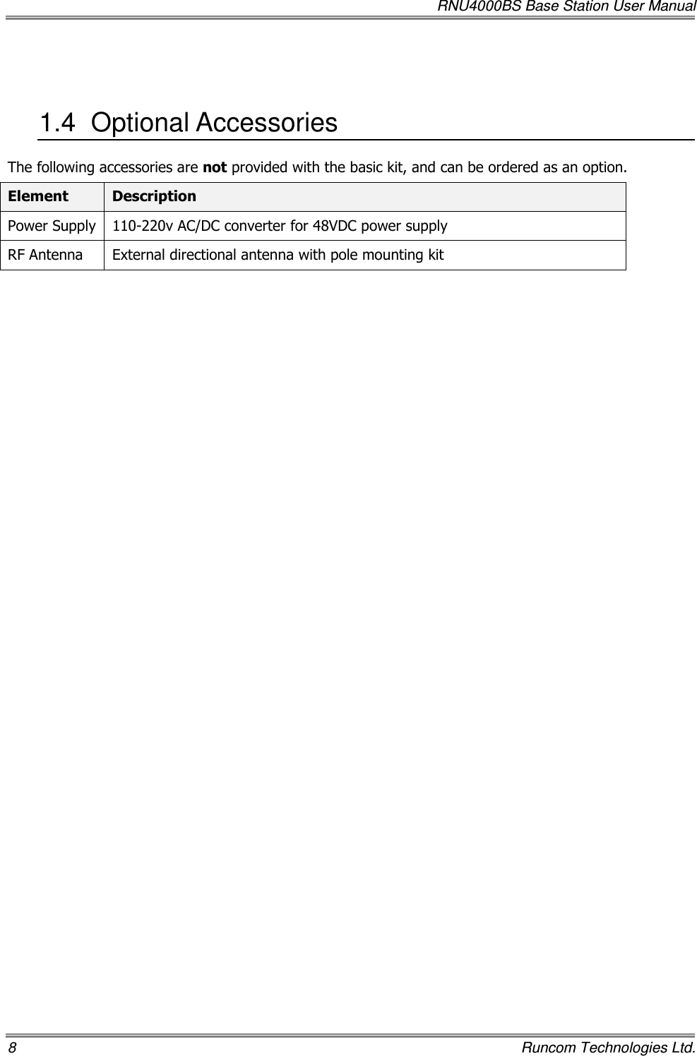   RNU4000BS Base Station User Manual 8    Runcom Technologies Ltd.  1.4  Optional Accessories The following accessories are not provided with the basic kit, and can be ordered as an option. Element  Description Power Supply  110-220v AC/DC converter for 48VDC power supply RF Antenna  External directional antenna with pole mounting kit   