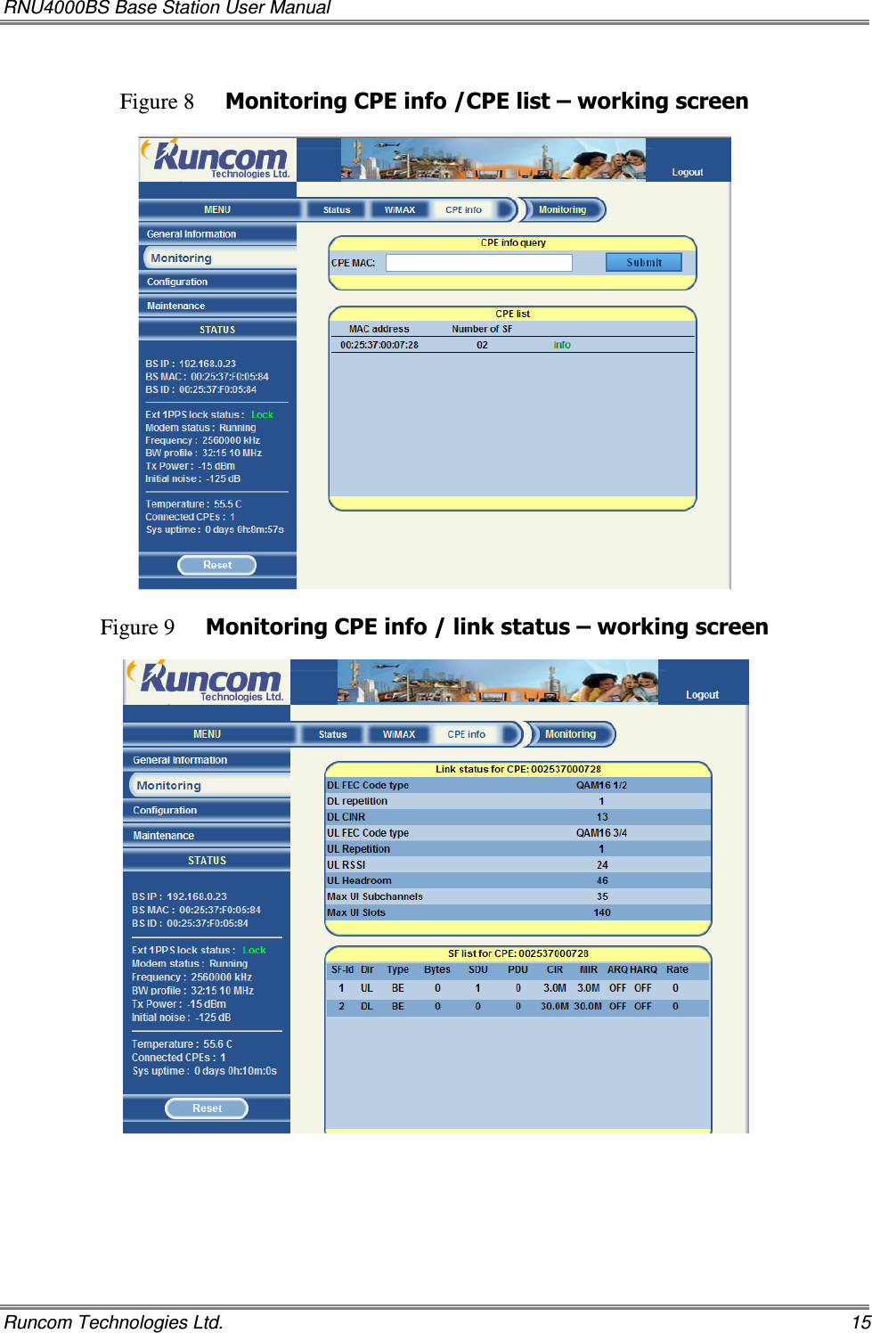 RNU4000BS Base Station User Manual   Runcom Technologies Ltd.    15  Figure 8 Monitoring CPE info /CPE list – working screen    Figure 9 Monitoring CPE info / link status – working screen        