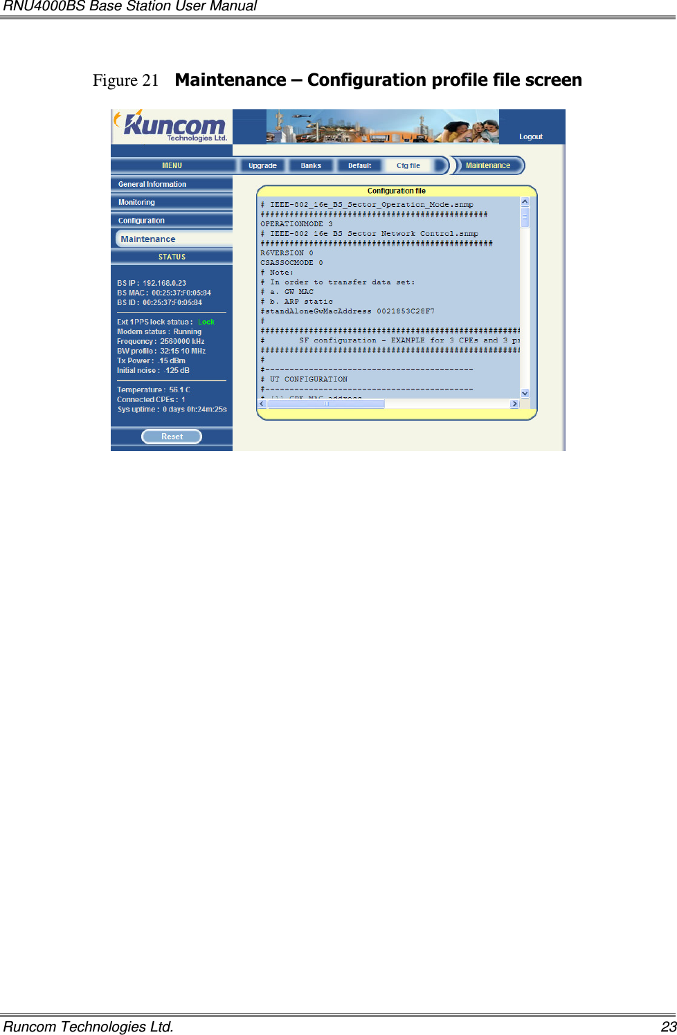 RNU4000BS Base Station User Manual   Runcom Technologies Ltd.    23  Figure 21 Maintenance – Configuration profile file screen    