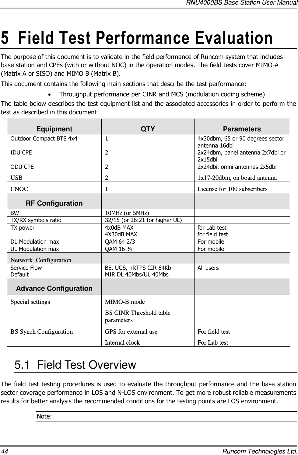   RNU4000BS Base Station User Manual 44    Runcom Technologies Ltd. 5  Field Test Performance Evaluation The purpose of this document is to validate in the field performance of Runcom system that includes base station and CPEs (with or without NOC) in the operation modes. The field tests cover MIMO-A (Matrix A or SISO) and MIMO B (Matrix B).  This document contains the following main sections that describe the test performance: • Throughput performance per CINR and MCS (modulation coding scheme)  The table below describes the test equipment list and the associated accessories in order to perform the test as described in this document Equipment  QTY  Parameters Outdoor Compact BTS 4x4  1  4x30dbm, 65 or 90 degrees sector antenna 16dbi IDU CPE   2  2x24dbm, panel antenna 2x7dbi or 2x15dbi ODU CPE   2  2x24dbi, omni antennas 2x5dbi USB   2  1x17-20dbm, on board antenna CNOC    1  License for 100 subscribers RF Configuration     BW  10MHz (or 5MHz)   TX/RX symbols ratio  32/15 (or 26:21 for higher UL)   TX power   4x0dB MAX 4X30dB MAX for Lab test for field test DL Modulation max  QAM 64 2/3  For mobile UL Modulation max  QAM 16 ¾   For mobile  Network  Configuration      Service Flow  Default  BE, UGS, nRTPS CIR 64Kb MIR DL 40Mbs/UL 40Mbs All users  Advance Configuration      Special settings   MIMO-B mode  BS CINR Threshold table parameters   BS Synch Configuration  GPS for external use Internal clock For field test For Lab test 5.1  Field Test Overview The field test testing procedures is used to evaluate the throughput performance and the base station sector coverage performance in LOS and N-LOS environment. To get more robust reliable measurements results for better analysis the recommended conditions for the testing points are LOS environment. Note: 