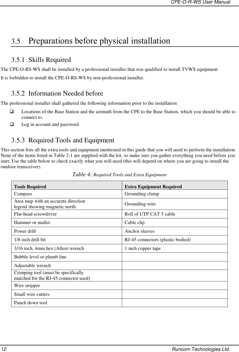   CPE-O-R-WS User Manual 12    Runcom Technologies Ltd.   3.5 Preparations before physical installation 3.5.1 Skills Required The CPE-O-RS-WS shall be installed by a professional installer that was qualified to install TVWS equipment.  It is forbidden to install the CPE-O-RS-WS by non-professional installer. 3.5.2 Information Needed before  The professional installer shall gathered the following information prior to the installation  Locations of the Base Station and the azimuth from the CPE to the Base Station, which you should be able to         connect to.  Log in account and password 3.5.3 Required Tools and Equipment This section lists all the extra tools and equipment mentioned in this guide that you will need to perform the installation. None of the items listed in Table 2-1 are supplied with the kit, so make sure you gather everything you need before you start. Use the table below to check exactly what you will need (this will depend on where you are going to install the outdoor transceiver). Table 4: Required Tools and Extra Equipment Tools Required Extra Equipment Required Compass Grounding clamp Area map with an accurate direction legend showing magnetic north Grounding wire Flat-head screwdriver Roll of UTP CAT 5 cable Hammer or mallet Cable clip Power drill Anchor sleeves 1/8 inch drill bit RJ-45 connectors (plastic bodied) 3/16 inch, 4mm hex (Allen) wrench 1 inch copper tape Bubble level or plumb line  Adjustable wrench  Crimping tool (must be specifically matched for the RJ-45 connector used)  Wire stripper  Small wire cutters  Punch down tool   