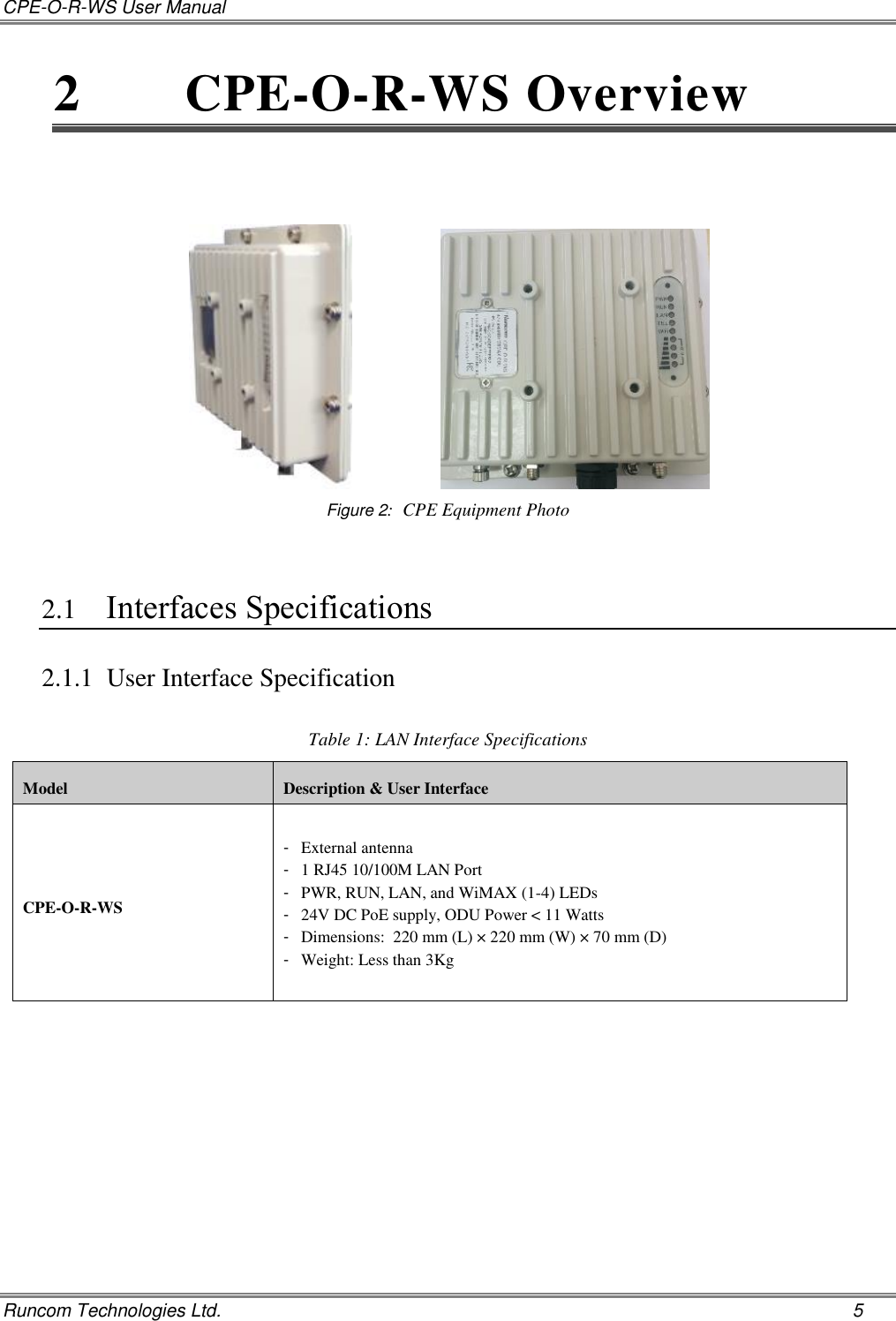 CPE-O-R-WS User Manual   Runcom Technologies Ltd.    5 2  CPE-O-R-WS Overview                        Figure 2:  CPE Equipment Photo    2.1 Interfaces Specifications 2.1.1 User Interface Specification  Table 1: LAN Interface Specifications Model Description &amp; User Interface CPE-O-R-WS -  External antenna -  1 RJ45 10/100M LAN Port -  PWR, RUN, LAN, and WiMAX (1-4) LEDs -  24V DC PoE supply, ODU Power &lt; 11 Watts -  Dimensions:  220 mm (L) × 220 mm (W) × 70 mm (D) -  Weight: Less than 3Kg    