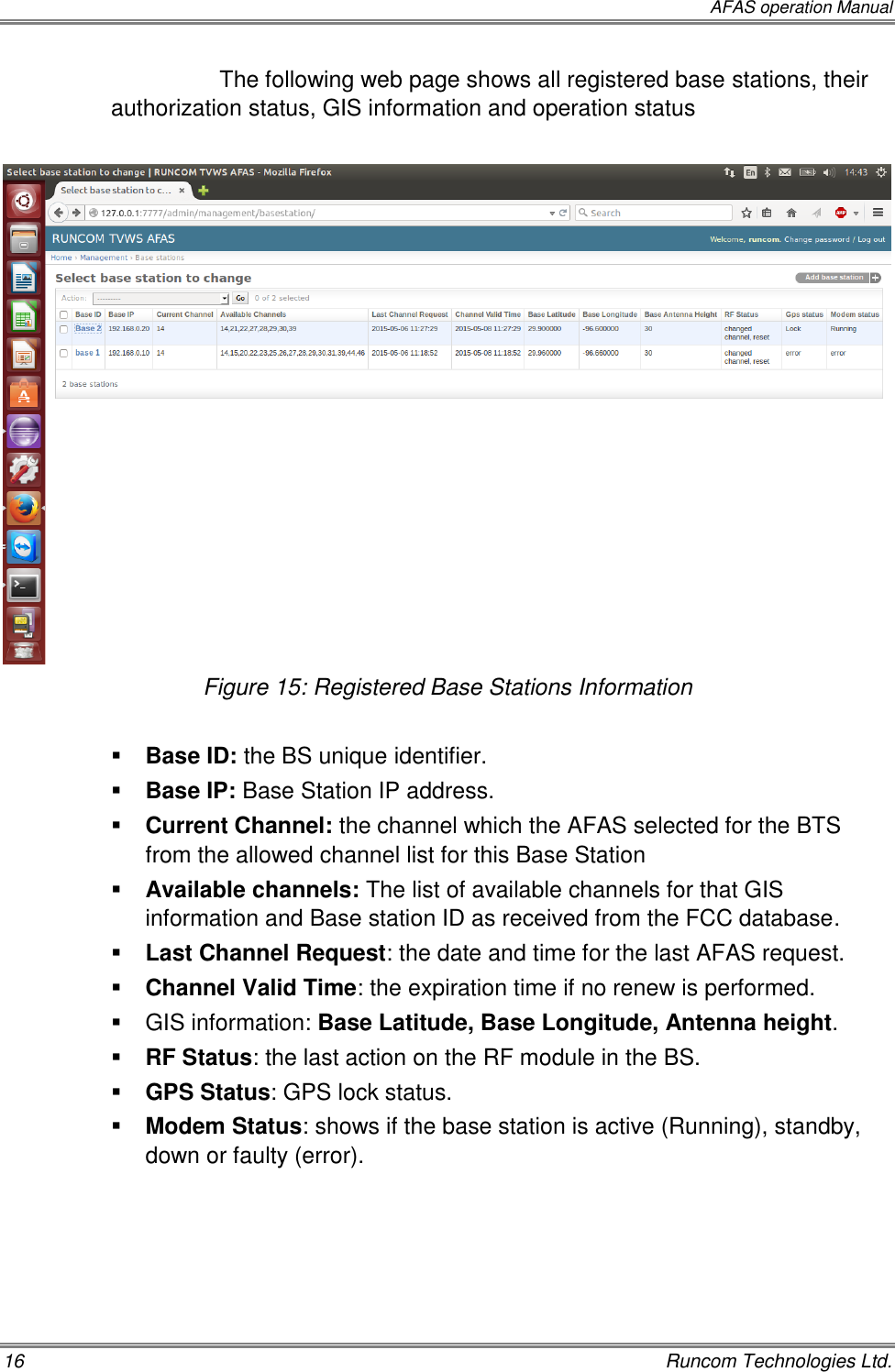  AFAS operation Manual 16    Runcom Technologies Ltd. The following web page shows all registered base stations, their authorization status, GIS information and operation status   Figure 15: Registered Base Stations Information   Base ID: the BS unique identifier.  Base IP: Base Station IP address.  Current Channel: the channel which the AFAS selected for the BTS from the allowed channel list for this Base Station  Available channels: The list of available channels for that GIS information and Base station ID as received from the FCC database.  Last Channel Request: the date and time for the last AFAS request.  Channel Valid Time: the expiration time if no renew is performed.   GIS information: Base Latitude, Base Longitude, Antenna height.  RF Status: the last action on the RF module in the BS.  GPS Status: GPS lock status.  Modem Status: shows if the base station is active (Running), standby, down or faulty (error).   