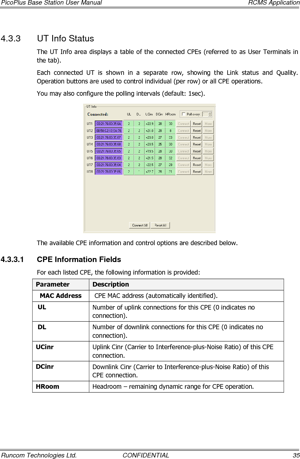 PicoPlus Base Station User Manual    RCMS Application Runcom Technologies Ltd.  CONFIDENTIAL  35 4.3.3  UT Info Status The UT Info area displays a table of the connected CPEs (referred to as User Terminals in the tab).  Each  connected  UT  is  shown  in  a  separate  row,  showing  the  Link  status  and  Quality. Operation buttons are used to control individual (per row) or all CPE operations. You may also configure the polling intervals (default: 1sec).  The available CPE information and control options are described below. 4.3.3.1  CPE Information Fields For each listed CPE, the following information is provided: Parameter  Description   MAC Address   CPE MAC address (automatically identified).  UL Number of uplink connections for this CPE (0 indicates no connection).  DL Number of downlink connections for this CPE (0 indicates no connection). UCinr  Uplink Cinr (Carrier to Interference-plus-Noise Ratio) of this CPE connection. DCinr  Downlink Cinr (Carrier to Interference-plus-Noise Ratio) of this CPE connection. HRoom  Headroom – remaining dynamic range for CPE operation.  