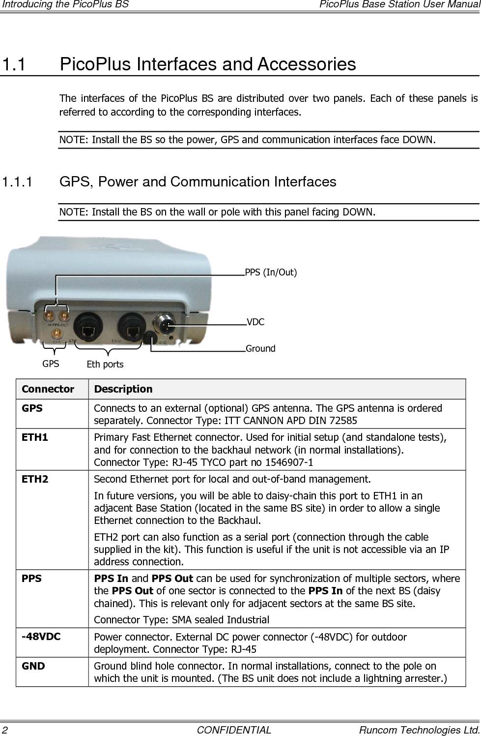 Introducing the PicoPlus BS  PicoPlus Base Station User Manual 2  CONFIDENTIAL  Runcom Technologies Ltd. 1.1  PicoPlus Interfaces and Accessories The interfaces  of the  PicoPlus BS are distributed over two  panels. Each of these panels is referred to according to the corresponding interfaces.  NOTE: Install the BS so the power, GPS and communication interfaces face DOWN.  1.1.1  GPS, Power and Communication Interfaces  NOTE: Install the BS on the wall or pole with this panel facing DOWN.   Connector   Description GPS  Connects to an external (optional) GPS antenna. The GPS antenna is ordered separately. Connector Type: ITT CANNON APD DIN 72585 ETH1  Primary Fast Ethernet connector. Used for initial setup (and standalone tests), and for connection to the backhaul network (in normal installations). Connector Type: RJ-45 TYCO part no 1546907-1 ETH2  Second Ethernet port for local and out-of-band management.  In future versions, you will be able to daisy-chain this port to ETH1 in an adjacent Base Station (located in the same BS site) in order to allow a single Ethernet connection to the Backhaul.  ETH2 port can also function as a serial port (connection through the cable supplied in the kit). This function is useful if the unit is not accessible via an IP address connection. PPS  PPS In and PPS Out can be used for synchronization of multiple sectors, where the PPS Out of one sector is connected to the PPS In of the next BS (daisy chained). This is relevant only for adjacent sectors at the same BS site. Connector Type: SMA sealed Industrial -48VDC  Power connector. External DC power connector (-48VDC) for outdoor deployment. Connector Type: RJ-45  GND  Ground blind hole connector. In normal installations, connect to the pole on which the unit is mounted. (The BS unit does not include a lightning arrester.) VDC Ground Eth ports GPS PPS (In/Out) 