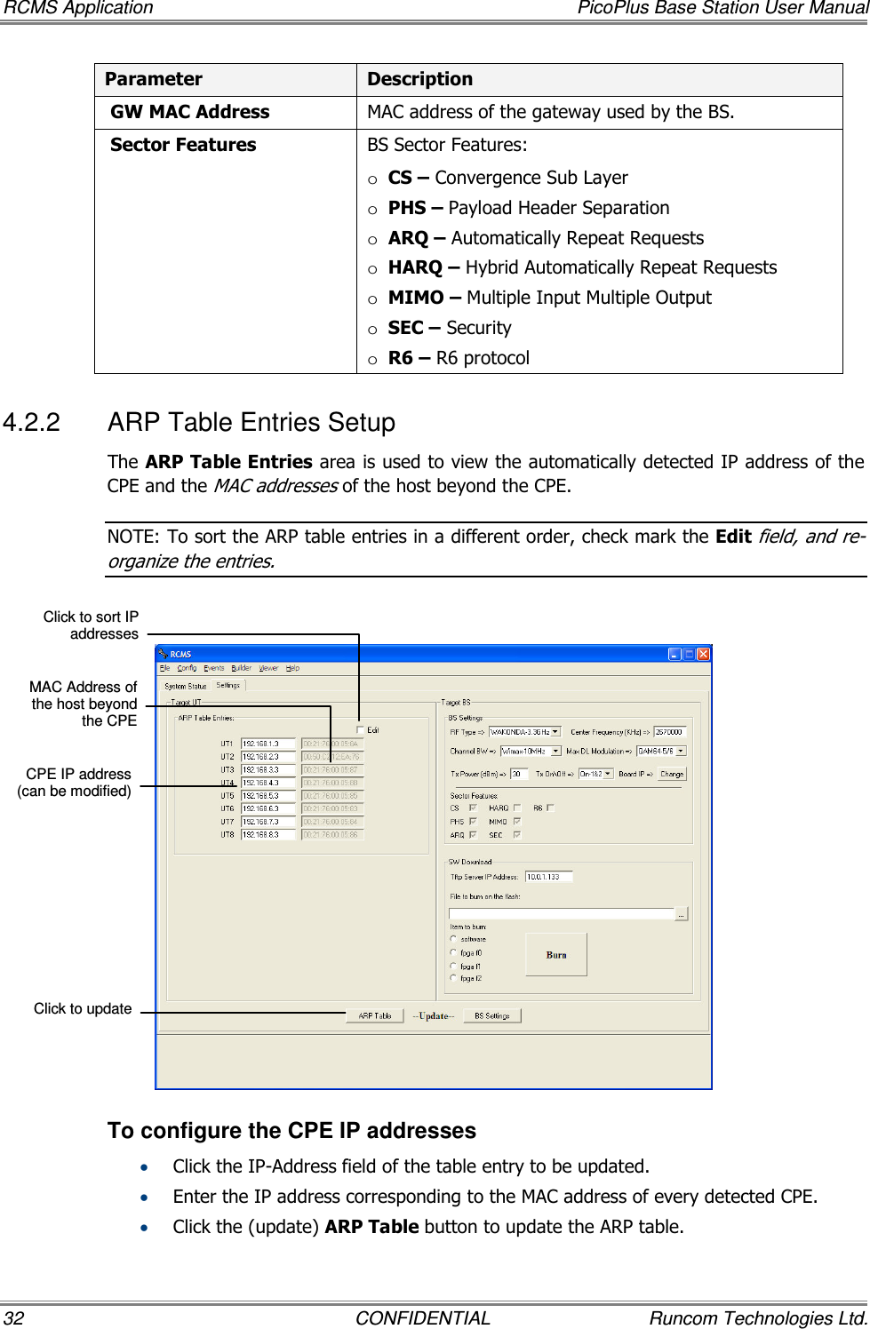 RCMS Application  PicoPlus Base Station User Manual 32  CONFIDENTIAL  Runcom Technologies Ltd. Parameter  Description  GW MAC Address  MAC address of the gateway used by the BS.  Sector Features  BS Sector Features: o CS – Convergence Sub Layer o PHS – Payload Header Separation o ARQ – Automatically Repeat Requests o HARQ – Hybrid Automatically Repeat Requests o MIMO – Multiple Input Multiple Output o SEC – Security o R6 – R6 protocol 4.2.2  ARP Table Entries Setup The ARP Table Entries area is used to view the automatically detected IP address of the CPE and the MAC addresses of the host beyond the CPE. NOTE: To sort the ARP table entries in a different order, check mark the Edit field, and re-organize the entries.   To configure the CPE IP addresses • Click the IP-Address field of the table entry to be updated. • Enter the IP address corresponding to the MAC address of every detected CPE.  • Click the (update) ARP Table button to update the ARP table. MAC Address of the host beyond the CPE Click to sort IP addresses Click to update CPE IP address (can be modified) 