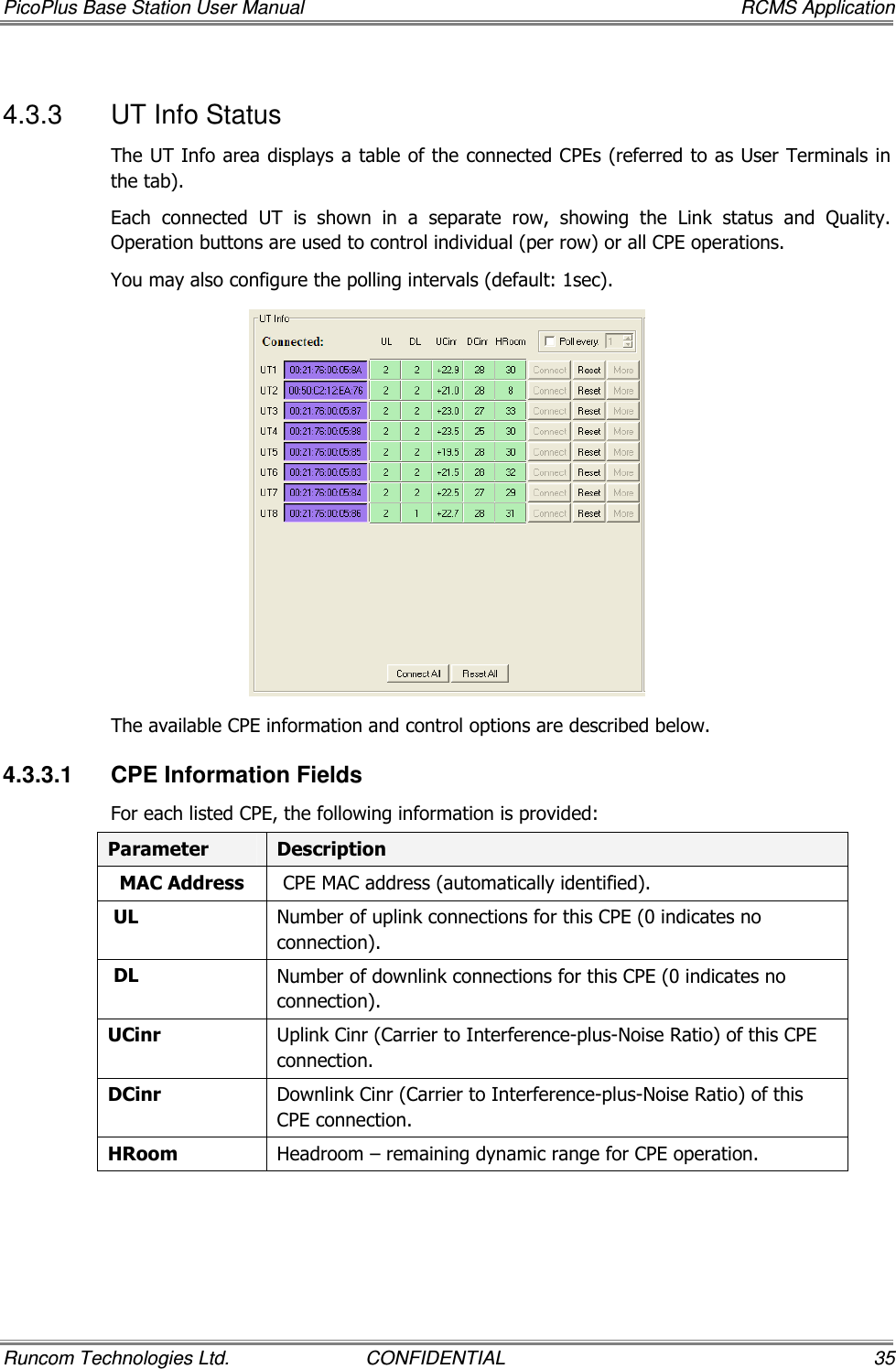 PicoPlus Base Station User Manual    RCMS Application Runcom Technologies Ltd.  CONFIDENTIAL  35 4.3.3  UT Info Status The UT Info area displays a table of the connected CPEs (referred to as User Terminals in the tab).  Each  connected  UT  is  shown  in  a  separate  row,  showing  the  Link  status  and  Quality. Operation buttons are used to control individual (per row) or all CPE operations. You may also configure the polling intervals (default: 1sec).  The available CPE information and control options are described below. 4.3.3.1  CPE Information Fields For each listed CPE, the following information is provided: Parameter  Description   MAC Address   CPE MAC address (automatically identified).  UL Number of uplink connections for this CPE (0 indicates no connection).  DL Number of downlink connections for this CPE (0 indicates no connection). UCinr  Uplink Cinr (Carrier to Interference-plus-Noise Ratio) of this CPE connection. DCinr  Downlink Cinr (Carrier to Interference-plus-Noise Ratio) of this CPE connection. HRoom  Headroom – remaining dynamic range for CPE operation.  