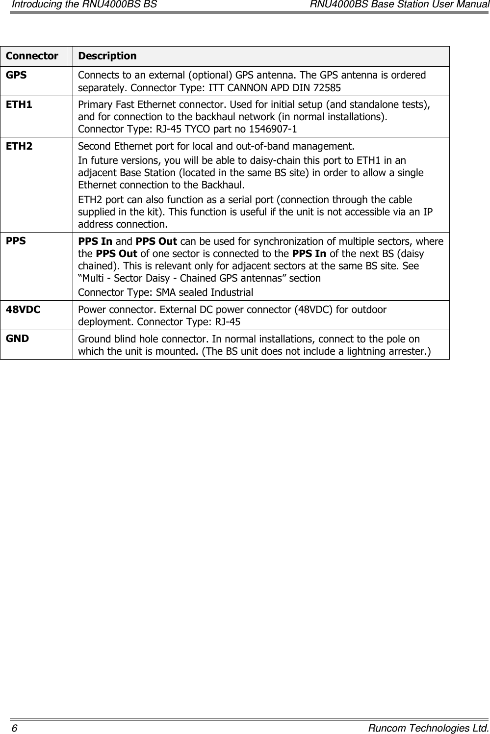 Introducing the RNU4000BS BS  RNU4000BS Base Station User Manual 6    Runcom Technologies Ltd.  Connector   Description GPS  Connects to an external (optional) GPS antenna. The GPS antenna is ordered separately. Connector Type: ITT CANNON APD DIN 72585 ETH1  Primary Fast Ethernet connector. Used for initial setup (and standalone tests), and for connection to the backhaul network (in normal installations). Connector Type: RJ-45 TYCO part no 1546907-1 ETH2  Second Ethernet port for local and out-of-band management.  In future versions, you will be able to daisy-chain this port to ETH1 in an adjacent Base Station (located in the same BS site) in order to allow a single Ethernet connection to the Backhaul.  ETH2 port can also function as a serial port (connection through the cable supplied in the kit). This function is useful if the unit is not accessible via an IP address connection. PPS  PPS In and PPS Out can be used for synchronization of multiple sectors, where the PPS Out of one sector is connected to the PPS In of the next BS (daisy chained). This is relevant only for adjacent sectors at the same BS site. See “Multi - Sector Daisy - Chained GPS antennas” section Connector Type: SMA sealed Industrial 48VDC  Power connector. External DC power connector (48VDC) for outdoor deployment. Connector Type: RJ-45  GND  Ground blind hole connector. In normal installations, connect to the pole on which the unit is mounted. (The BS unit does not include a lightning arrester.)  