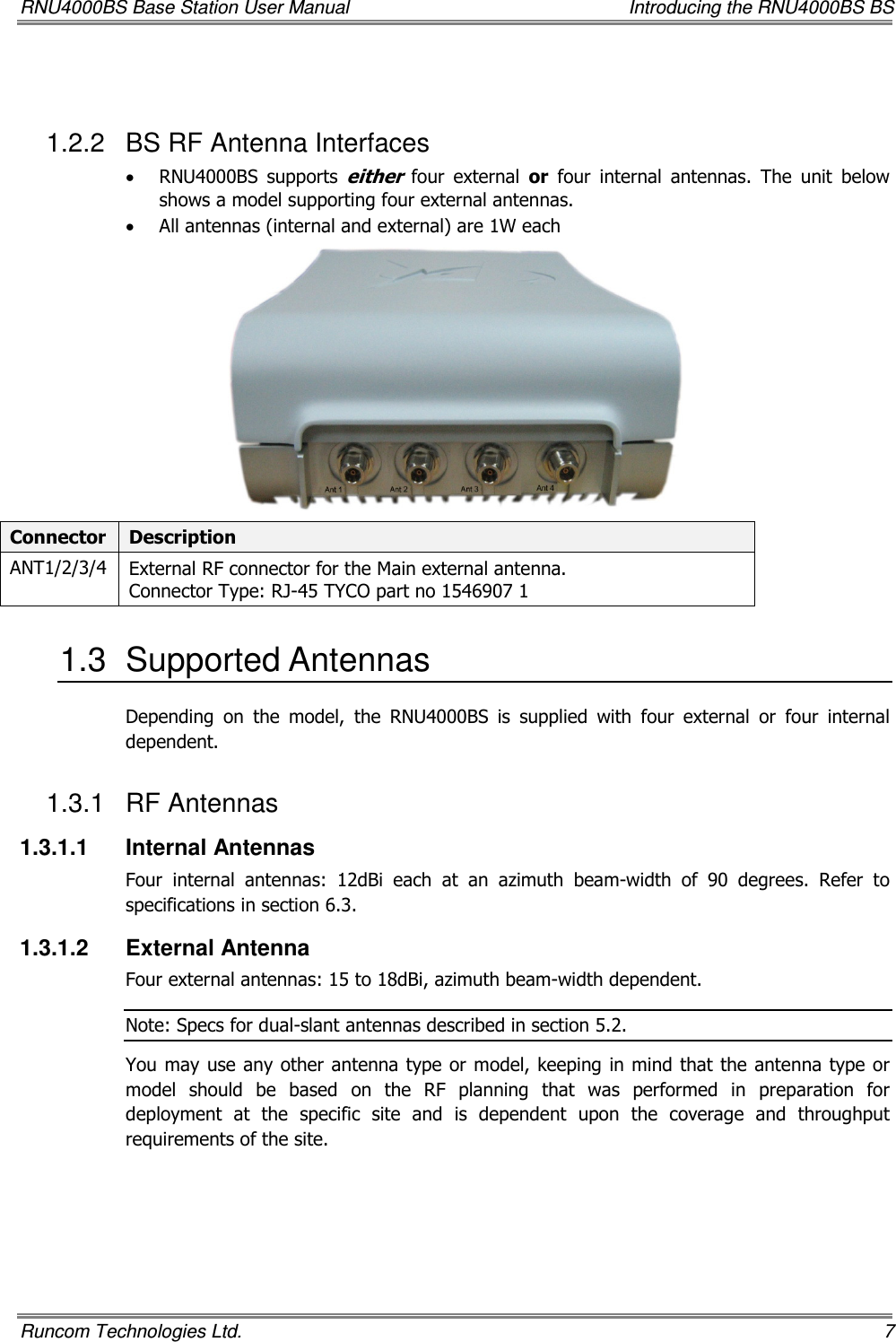 RNU4000BS Base Station User Manual    Introducing the RNU4000BS BS Runcom Technologies Ltd.    7  1.2.2  BS RF Antenna Interfaces • RNU4000BS  supports either  four  external  or  four  internal  antennas.  The  unit  below shows a model supporting four external antennas.  • All antennas (internal and external) are 1W each    Connector  Description ANT1/2/3/4  External RF connector for the Main external antenna. Connector Type: RJ-45 TYCO part no 1546907 1 1.3  Supported Antennas Depending  on  the  model,  the  RNU4000BS  is  supplied  with  four  external  or  four  internal dependent. 1.3.1  RF Antennas 1.3.1.1  Internal Antennas Four  internal  antennas:  12dBi  each  at  an  azimuth  beam-width  of  90  degrees.  Refer  to specifications in section 6.3. 1.3.1.2  External Antenna Four external antennas: 15 to 18dBi, azimuth beam-width dependent. Note: Specs for dual-slant antennas described in section 5.2. You may  use any other antenna type or model, keeping in mind that the antenna type or model  should  be  based  on  the  RF  planning  that  was  performed  in  preparation  for deployment  at  the  specific  site  and  is  dependent  upon  the  coverage  and  throughput requirements of the site.  