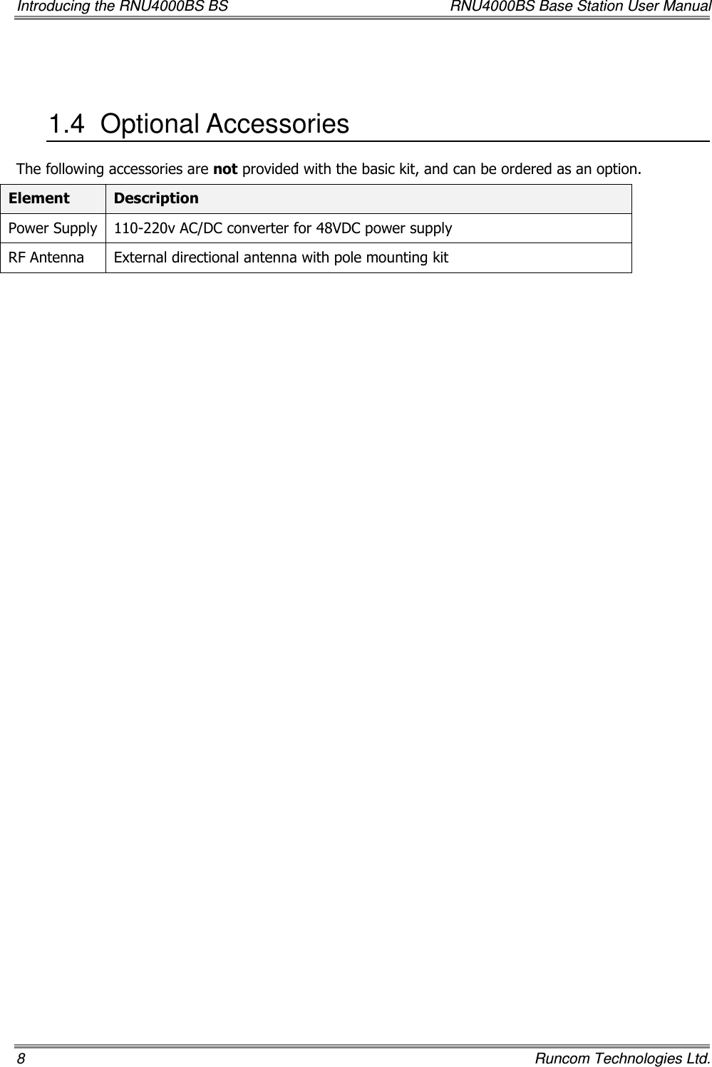 Introducing the RNU4000BS BS  RNU4000BS Base Station User Manual 8    Runcom Technologies Ltd.  1.4  Optional Accessories The following accessories are not provided with the basic kit, and can be ordered as an option. Element  Description Power Supply  110-220v AC/DC converter for 48VDC power supply RF Antenna  External directional antenna with pole mounting kit   