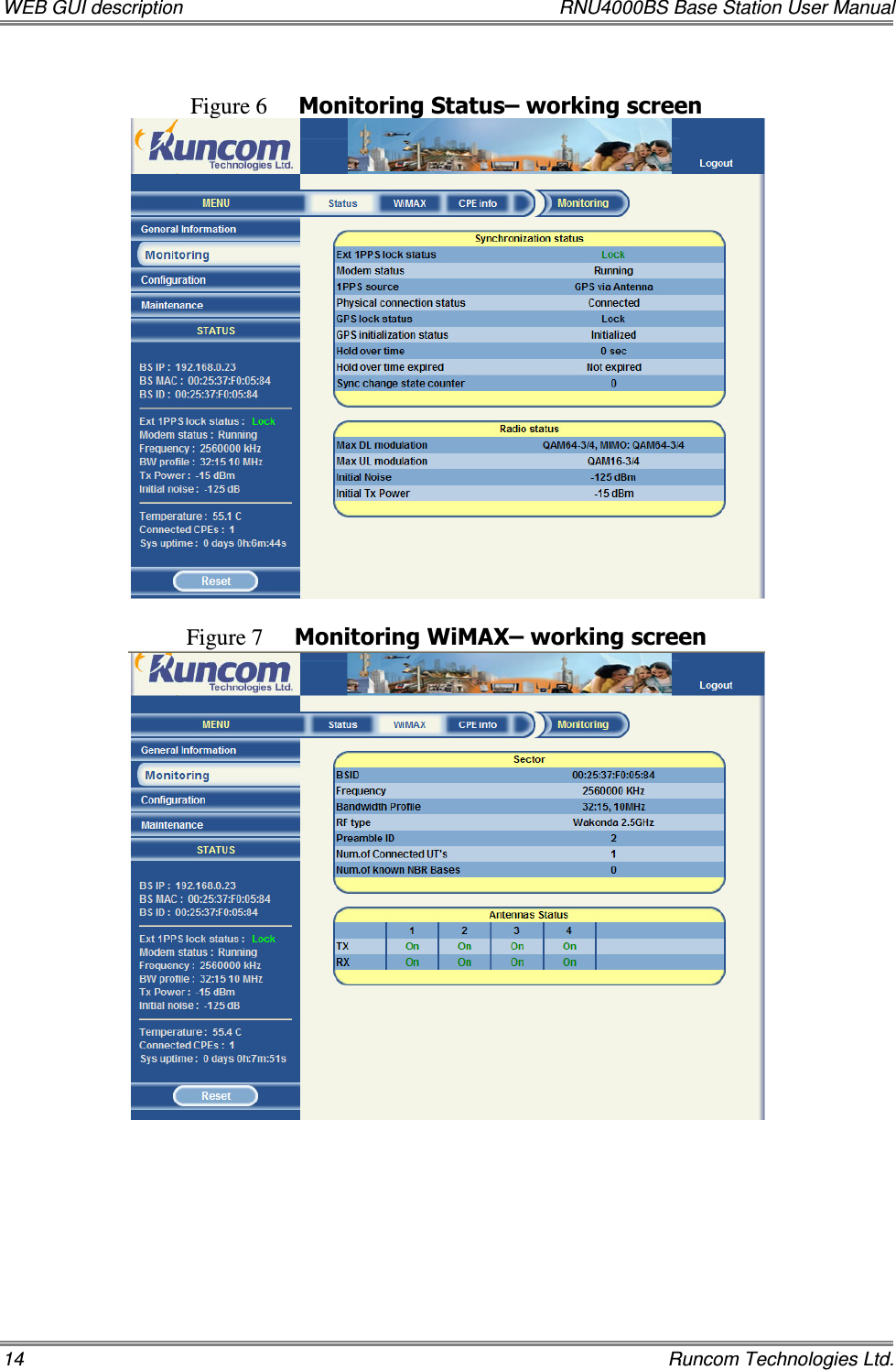 WEB GUI description  RNU4000BS Base Station User Manual 14    Runcom Technologies Ltd.  Figure 6 Monitoring Status– working screen   Figure 7 Monitoring WiMAX– working screen         