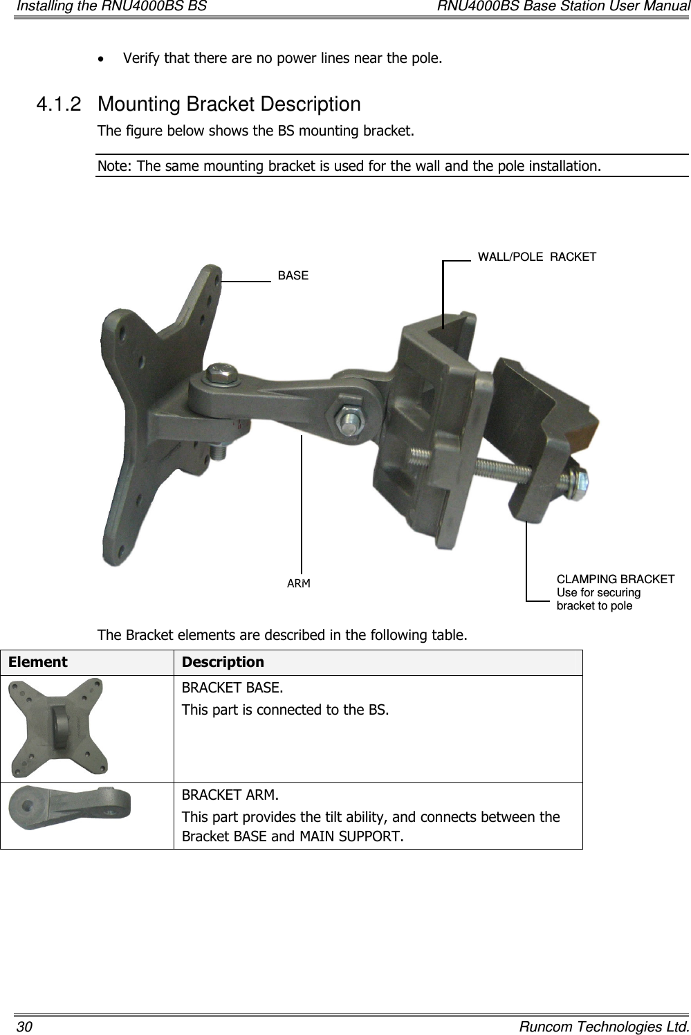 Installing the RNU4000BS BS  RNU4000BS Base Station User Manual 30    Runcom Technologies Ltd. • Verify that there are no power lines near the pole. 4.1.2  Mounting Bracket Description The figure below shows the BS mounting bracket.  Note: The same mounting bracket is used for the wall and the pole installation.        The Bracket elements are described in the following table. Element  Description  BRACKET BASE. This part is connected to the BS.  BRACKET ARM. This part provides the tilt ability, and connects between the Bracket BASE and MAIN SUPPORT. BASE WALL/POLE  RACKET CLAMPING BRACKET Use for securing bracket to pole ARM 