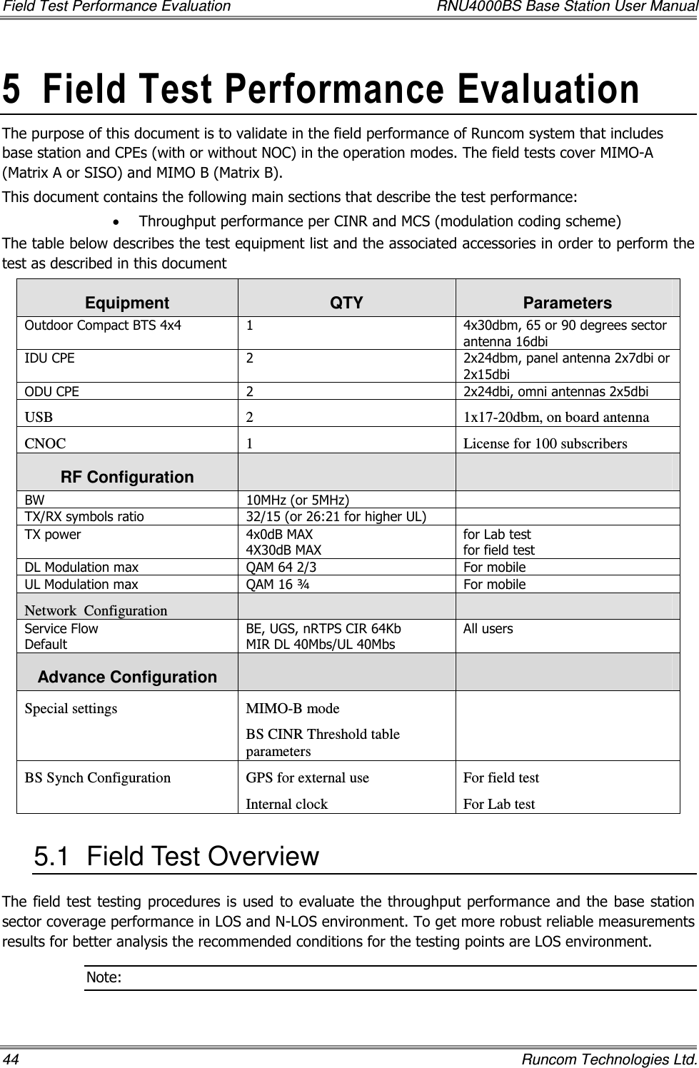 Field Test Performance Evaluation  RNU4000BS Base Station User Manual 44    Runcom Technologies Ltd. 5  Field Test Performance Evaluation The purpose of this document is to validate in the field performance of Runcom system that includes base station and CPEs (with or without NOC) in the operation modes. The field tests cover MIMO-A (Matrix A or SISO) and MIMO B (Matrix B).  This document contains the following main sections that describe the test performance: • Throughput performance per CINR and MCS (modulation coding scheme)  The table below describes the test equipment list and the associated accessories in order to perform the test as described in this document Equipment  QTY  Parameters Outdoor Compact BTS 4x4  1  4x30dbm, 65 or 90 degrees sector antenna 16dbi IDU CPE   2  2x24dbm, panel antenna 2x7dbi or 2x15dbi ODU CPE   2  2x24dbi, omni antennas 2x5dbi USB   2  1x17-20dbm, on board antenna CNOC    1  License for 100 subscribers RF Configuration     BW  10MHz (or 5MHz)   TX/RX symbols ratio  32/15 (or 26:21 for higher UL)   TX power   4x0dB MAX 4X30dB MAX for Lab test for field test DL Modulation max  QAM 64 2/3  For mobile UL Modulation max  QAM 16 ¾   For mobile  Network  Configuration      Service Flow  Default  BE, UGS, nRTPS CIR 64Kb MIR DL 40Mbs/UL 40Mbs All users  Advance Configuration      Special settings   MIMO-B mode  BS CINR Threshold table parameters   BS Synch Configuration  GPS for external use Internal clock For field test For Lab test 5.1  Field Test Overview  The field test testing procedures is used to evaluate the throughput performance and the base station sector coverage performance in LOS and N-LOS environment. To get more robust reliable measurements results for better analysis the recommended conditions for the testing points are LOS environment. Note: 