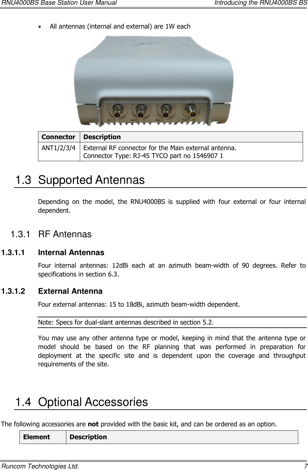 RNU4000BS Base Station User Manual    Introducing the RNU4000BS BS Runcom Technologies Ltd.    7  All antennas (internal and external) are 1W each    Connector Description ANT1/2/3/4 External RF connector for the Main external antenna. Connector Type: RJ-45 TYCO part no 1546907 1 1.3  Supported Antennas Depending  on  the  model,  the  RNU4000BS  is  supplied  with  four  external  or  four  internal dependent. 1.3.1  RF Antennas 1.3.1.1  Internal Antennas Four  internal  antennas:  12dBi  each  at  an  azimuth  beam-width  of  90  degrees.  Refer  to specifications in section 6.3. 1.3.1.2  External Antenna Four external antennas: 15 to 18dBi, azimuth beam-width dependent. Note: Specs for dual-slant antennas described in section 5.2. You may  use any other antenna type or model, keeping in mind that the  antenna type or model  should  be  based  on  the  RF  planning  that  was  performed  in  preparation  for deployment  at  the  specific  site  and  is  dependent  upon  the  coverage  and  throughput requirements of the site.  1.4  Optional Accessories The following accessories are not provided with the basic kit, and can be ordered as an option. Element Description 