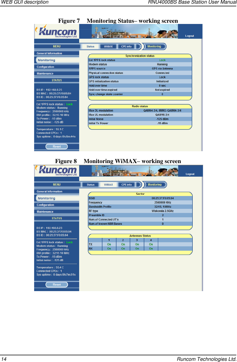 WEB GUI description  RNU4000BS Base Station User Manual 14    Runcom Technologies Ltd. Figure 7 Monitoring Status– working screen   Figure 8 Monitoring WiMAX– working screen          