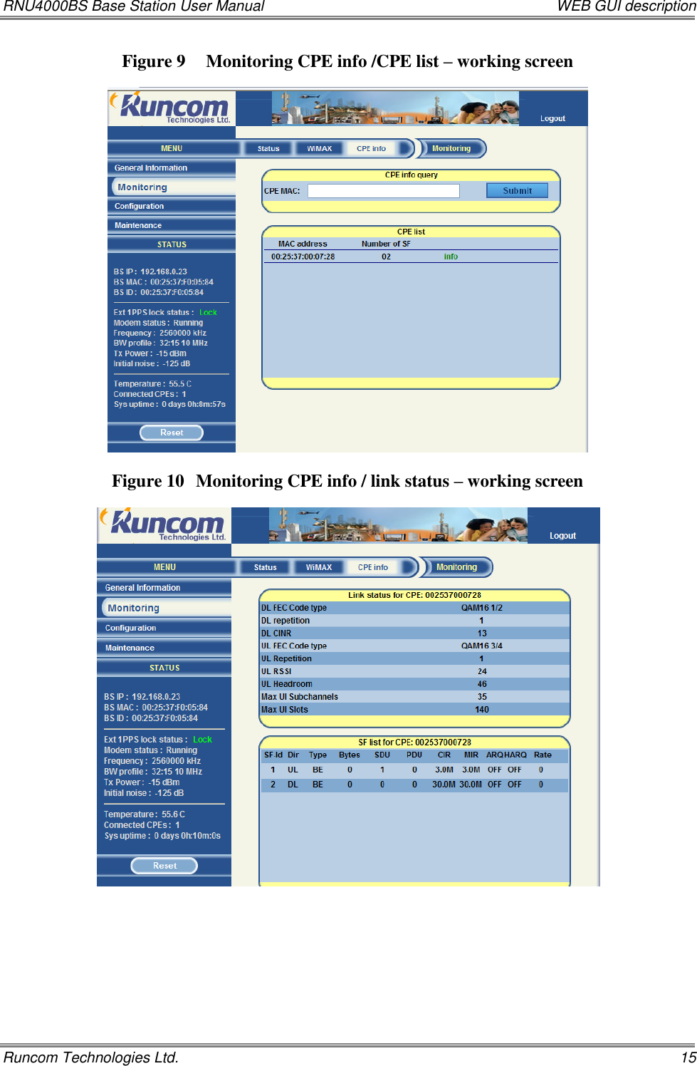 RNU4000BS Base Station User Manual    WEB GUI description Runcom Technologies Ltd.    15 Figure 9 Monitoring CPE info /CPE list – working screen    Figure 10 Monitoring CPE info / link status – working screen         