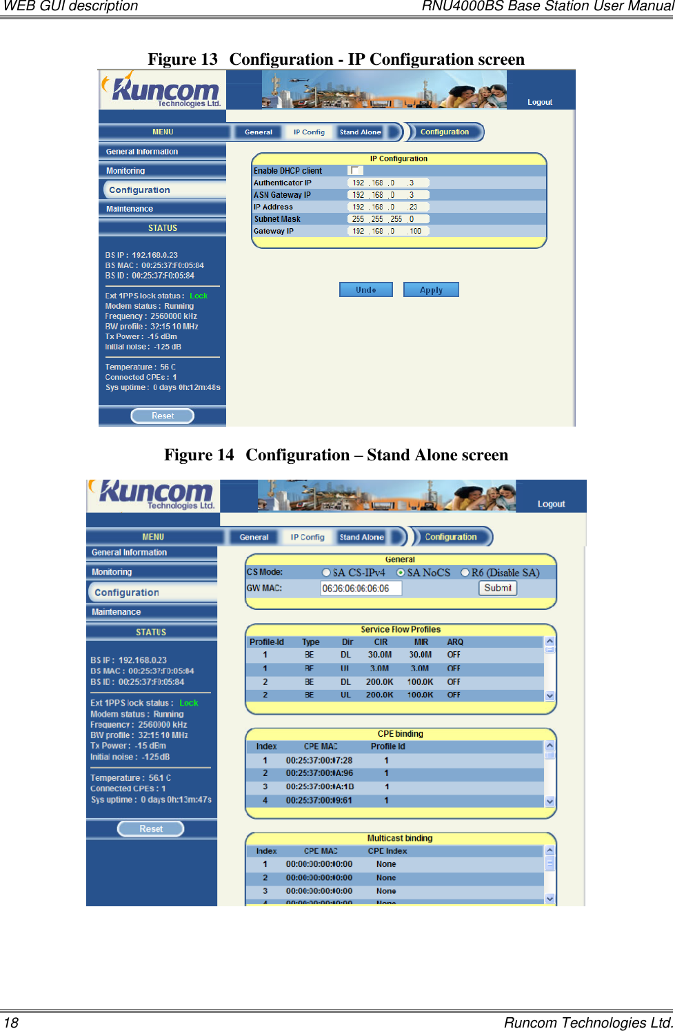 WEB GUI description  RNU4000BS Base Station User Manual 18    Runcom Technologies Ltd. Figure 13 Configuration - IP Configuration screen   Figure 14 Configuration – Stand Alone screen       