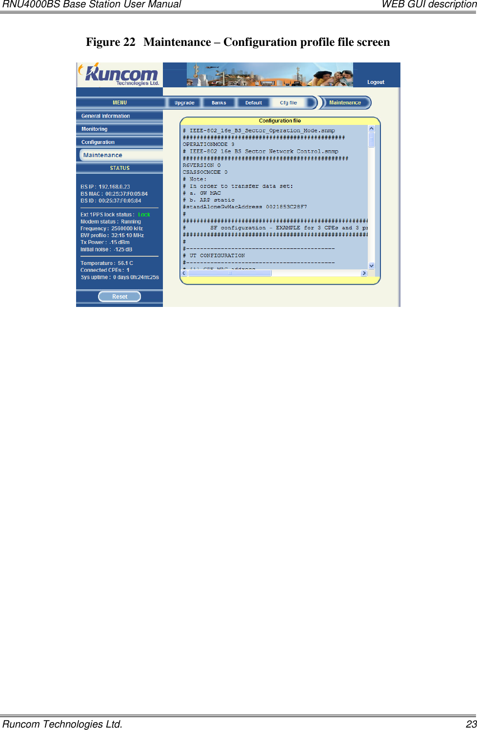 RNU4000BS Base Station User Manual    WEB GUI description Runcom Technologies Ltd.    23 Figure 22 Maintenance – Configuration profile file screen    