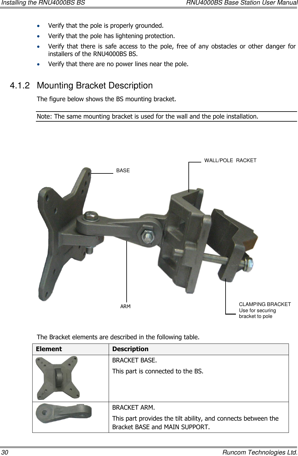 Installing the RNU4000BS BS  RNU4000BS Base Station User Manual 30    Runcom Technologies Ltd.  Verify that the pole is properly grounded.  Verify that the pole has lightening protection.  Verify that  there  is safe  access to  the  pole,  free  of any obstacles or  other  danger  for installers of the RNU4000BS BS.  Verify that there are no power lines near the pole. 4.1.2  Mounting Bracket Description The figure below shows the BS mounting bracket.  Note: The same mounting bracket is used for the wall and the pole installation.        The Bracket elements are described in the following table. Element Description  BRACKET BASE. This part is connected to the BS.  BRACKET ARM. This part provides the tilt ability, and connects between the Bracket BASE and MAIN SUPPORT. BASE WALL/POLE  RACKET  CLAMPING BRACKET Use for securing bracket to pole ARM 