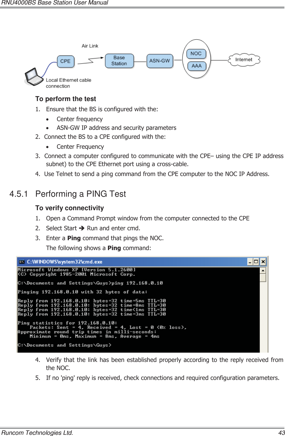 RNU4000BS Base Station User Manual   Runcom Technologies Ltd.    43 To perform the test  (QVXUHWKDWWKH%6LVFRQILJXUHGZLWKWKHx &amp;HQWHUIUHTXHQF\x $61*:,3DGGUHVVDQGVHFXULW\SDUDPHWHUV&amp;RQQHFWWKH%6WRD&amp;3(FRQILJXUHGZLWKWKHx &amp;HQWHU)UHTXHQF\&amp;RQQHFWDFRPSXWHUFRQILJXUHGWRFRPPXQLFDWHZLWKWKH&amp;3(±XVLQJWKH&amp;3(,3DGGUHVVVXEQHWWRWKH&amp;3((WKHUQHWSRUWXVLQJDFURVVFDEOH8VH7HOQHWWRVHQGDSLQJFRPPDQGIURPWKH&amp;3(FRPSXWHUWRWKH12&amp;,3$GGUHVV4.5.1  Performing a PING Test To verify connectivity  2SHQD&amp;RPPDQG3URPSWZLQGRZIURPWKHFRPSXWHUFRQQHFWHGWRWKH&amp;3( 6HOHFW6WDUWÎ5XQDQGHQWHUFPG (QWHUD3LQJFRPPDQGWKDWSLQJVWKH12&amp;7KHIROORZLQJVKRZVD3LQJFRPPDQG 9HULI\WKDWWKHOLQNKDVEHHQHVWDEOLVKHGSURSHUO\DFFRUGLQJWRWKHUHSO\UHFHLYHGIURPWKH12&amp; ,IQRSLQJUHSO\LVUHFHLYHGFKHFNFRQQHFWLRQVDQGUHTXLUHGFRQILJXUDWLRQSDUDPHWHUV